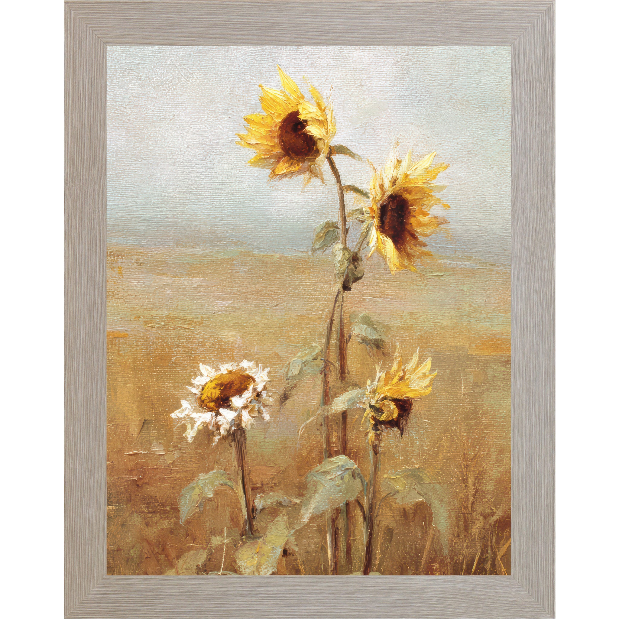 Monte Carlo framed vertical farmhouse wall art featuring four sunflowers in expressive oil painting style with thick brushstrokes against a soft blue-gray sky and golden wheat field