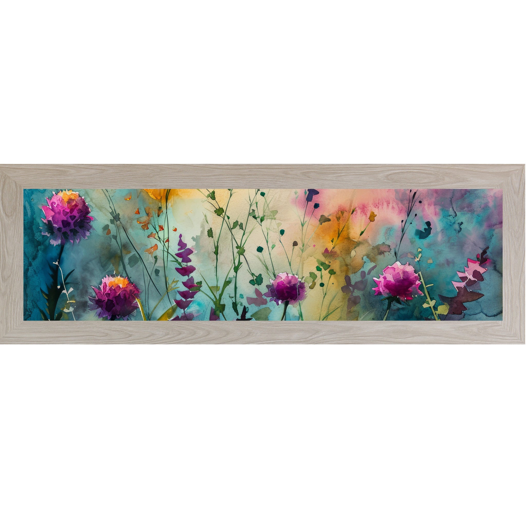 Monte Carlo framed wide landscape watercolor wildflower wall art with purple and magenta blooms across a sweeping teal gold and pink meadow background