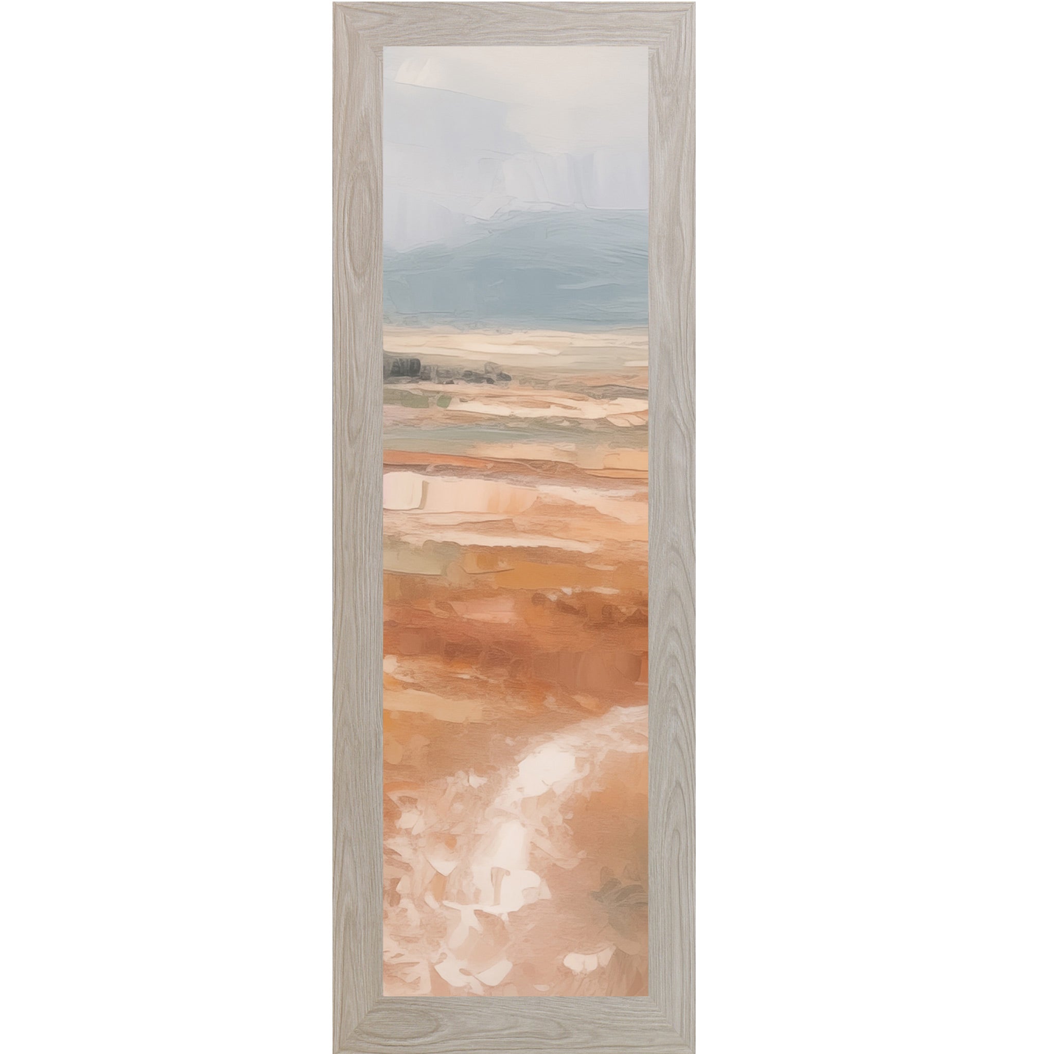 Monte Carlo framed narrow portrait abstract terracotta landscape wall art with soft peach and blush field pale lavender sky and single tree on right edge