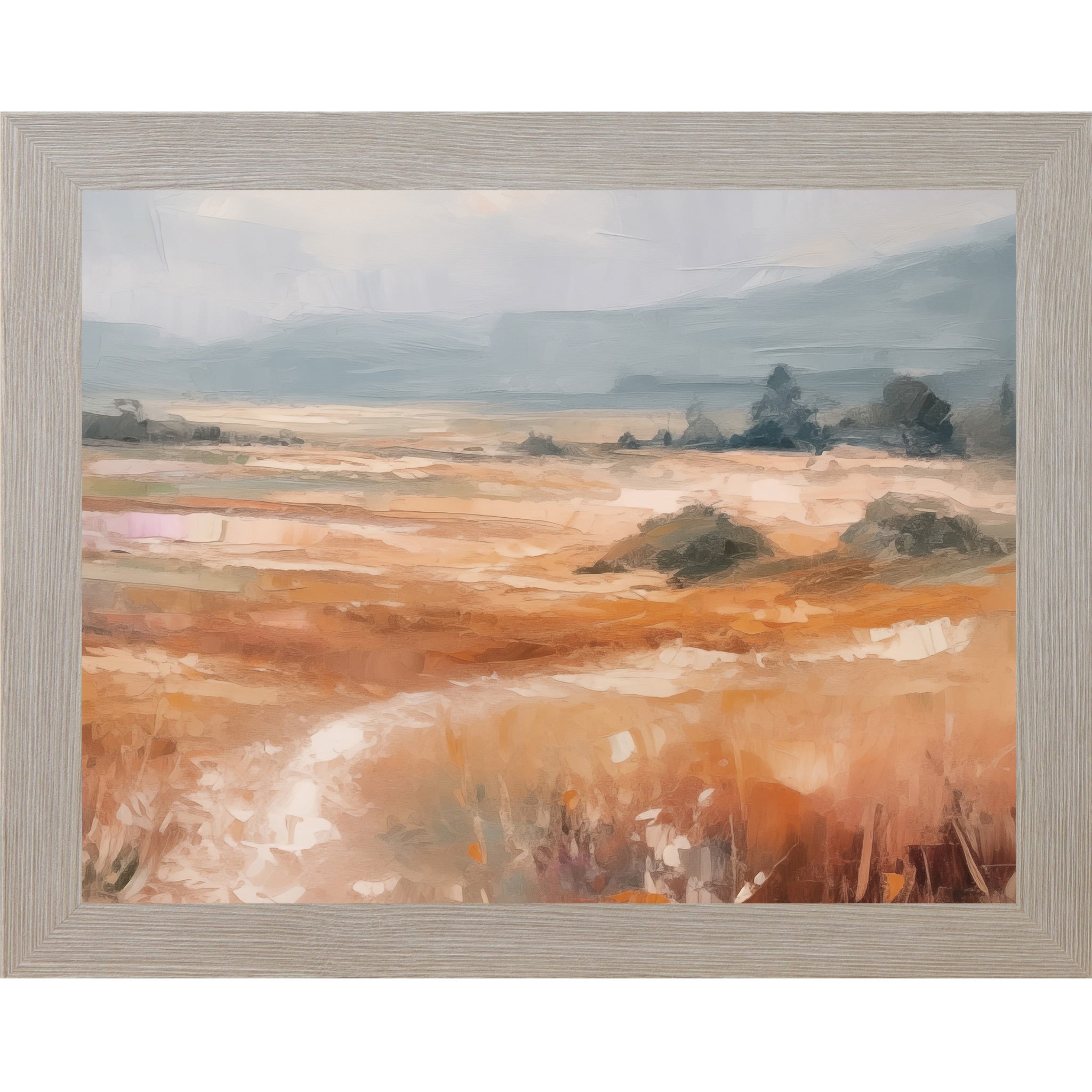 Monte Carlo framed landscape abstract terracotta wall art with warm amber and orange field dark trees in midground and dramatic blue-grey sky with bold expressive brushwork
