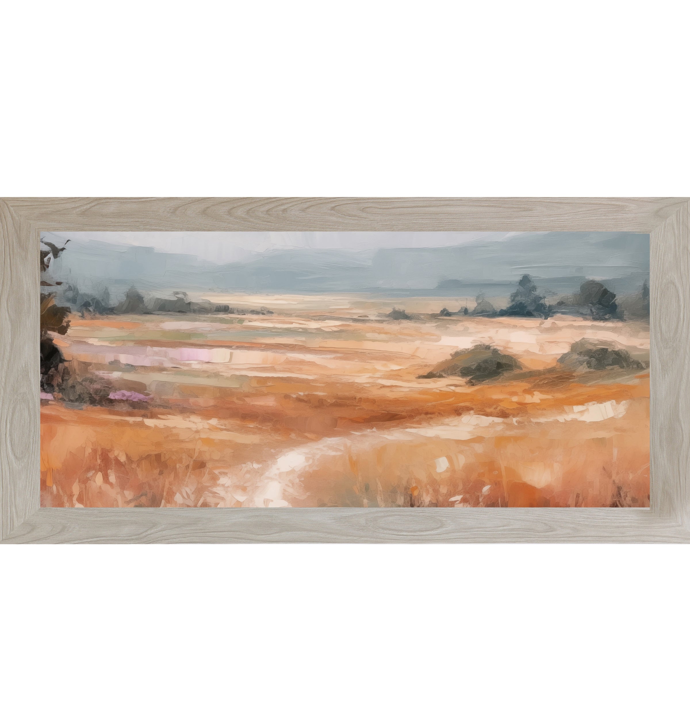Monte Carlo framed wide landscape abstract terracotta wall art showing full panoramic scene with warm amber orange field dark trees left edge soft peach midground and dramatic blue-grey sky with bold expressive brushwork
