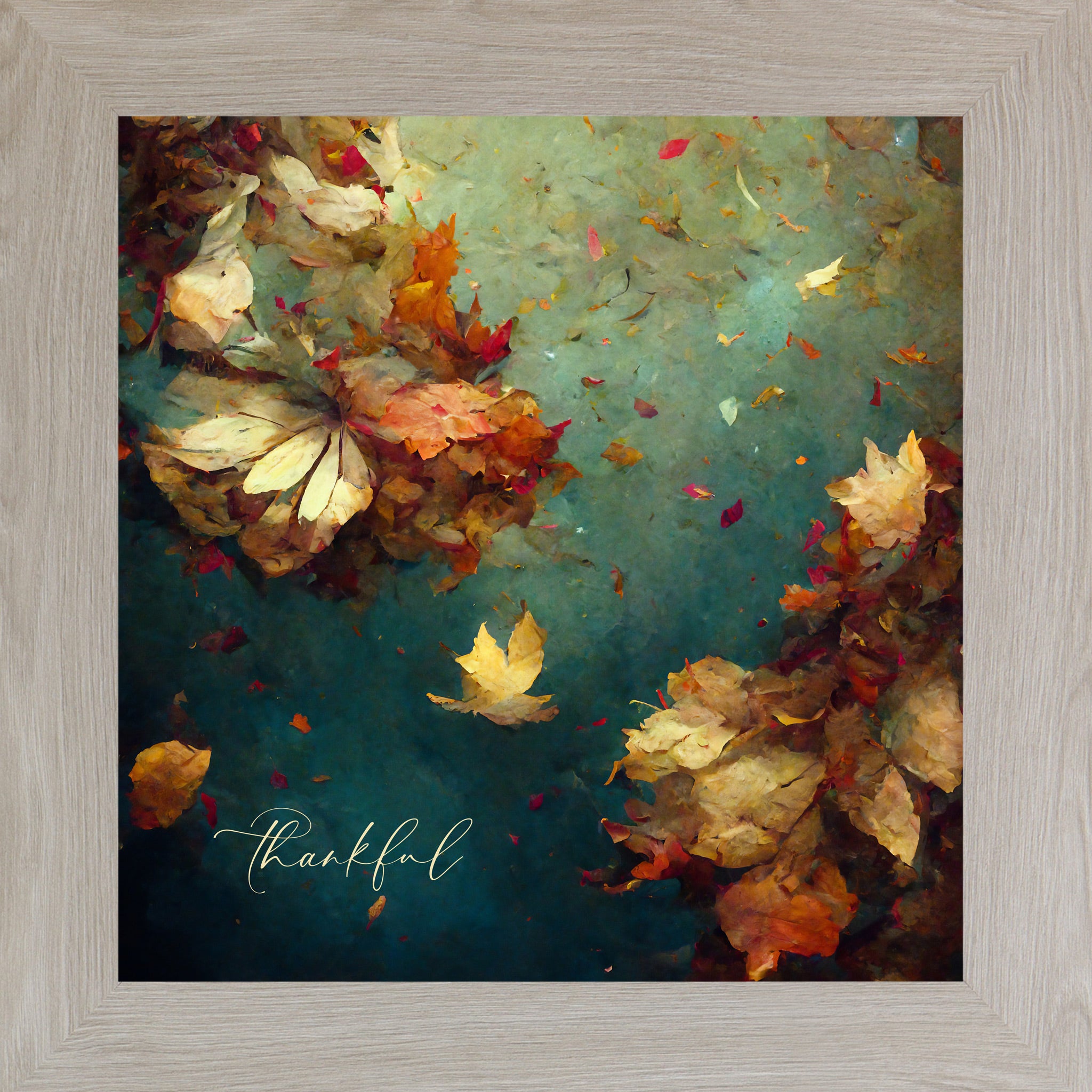 Monte Carlo framed square fall wall art featuring teal watercolor autumn maple leaves in cream and deep crimson with the word "thankful" in script — Thankful SB306