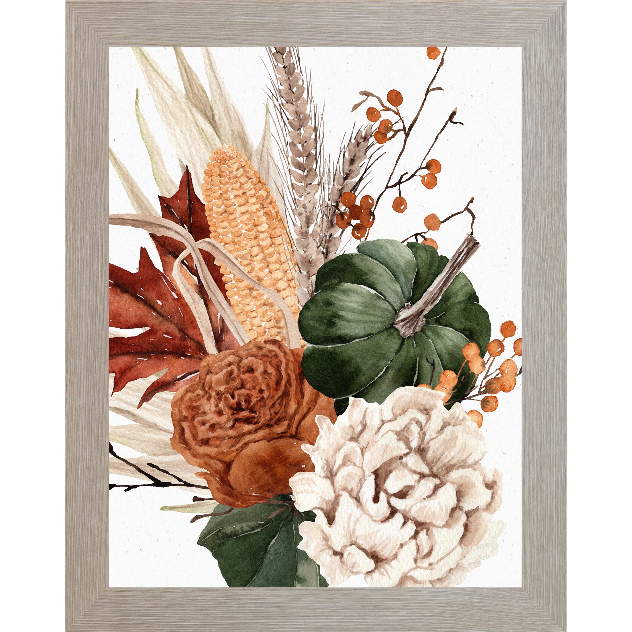 Monte Carlo framed portrait harvest wall art featuring watercolor green pumpkin corn wheat crimson maple leaf burnt orange and cream peonies with orange berries — Harvest Bouquet SB251 left panel