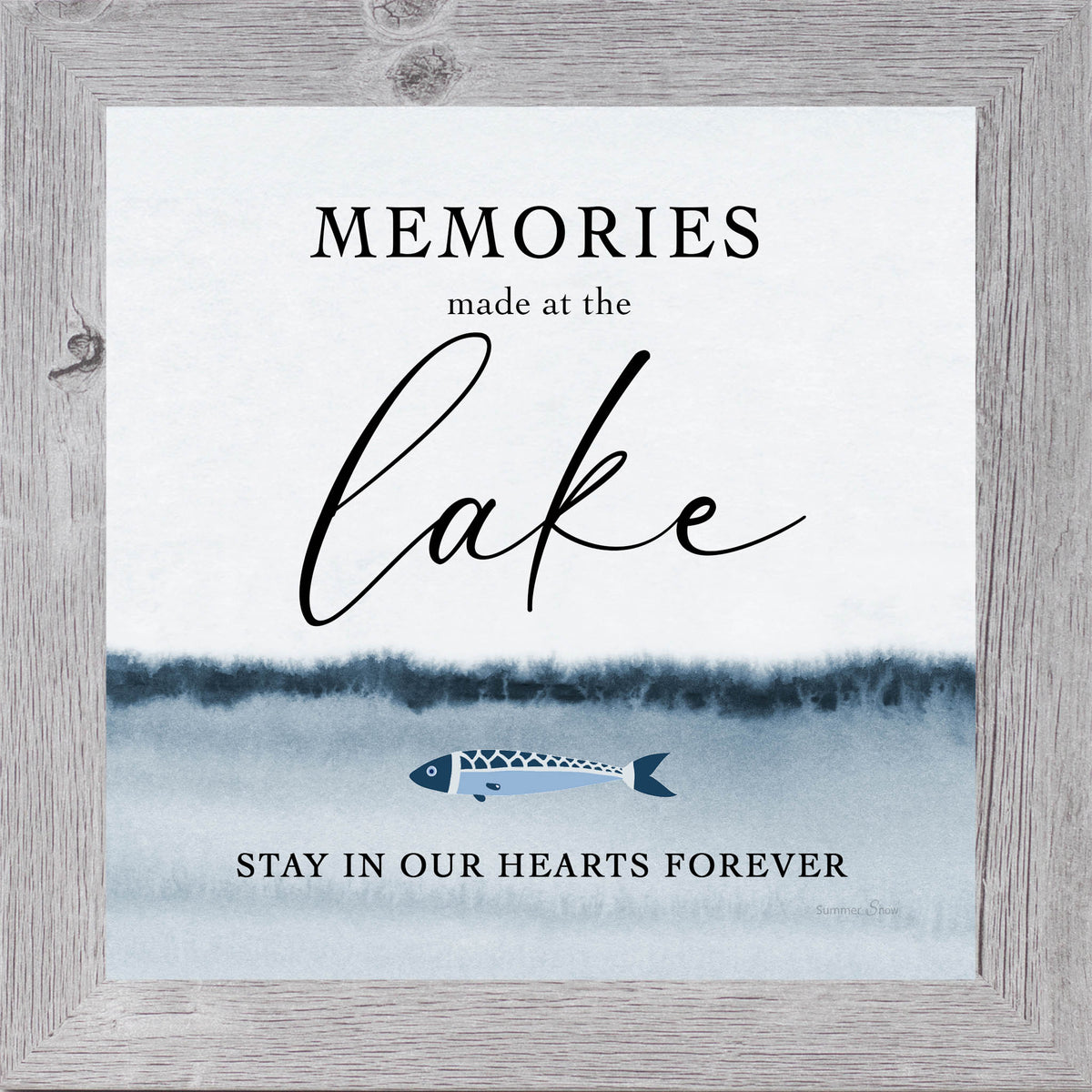 Lake house wall art featuring Memories Made at the Lake quote with soft landscape design and neutral tones, inspirational framed decor for cabin or lake home