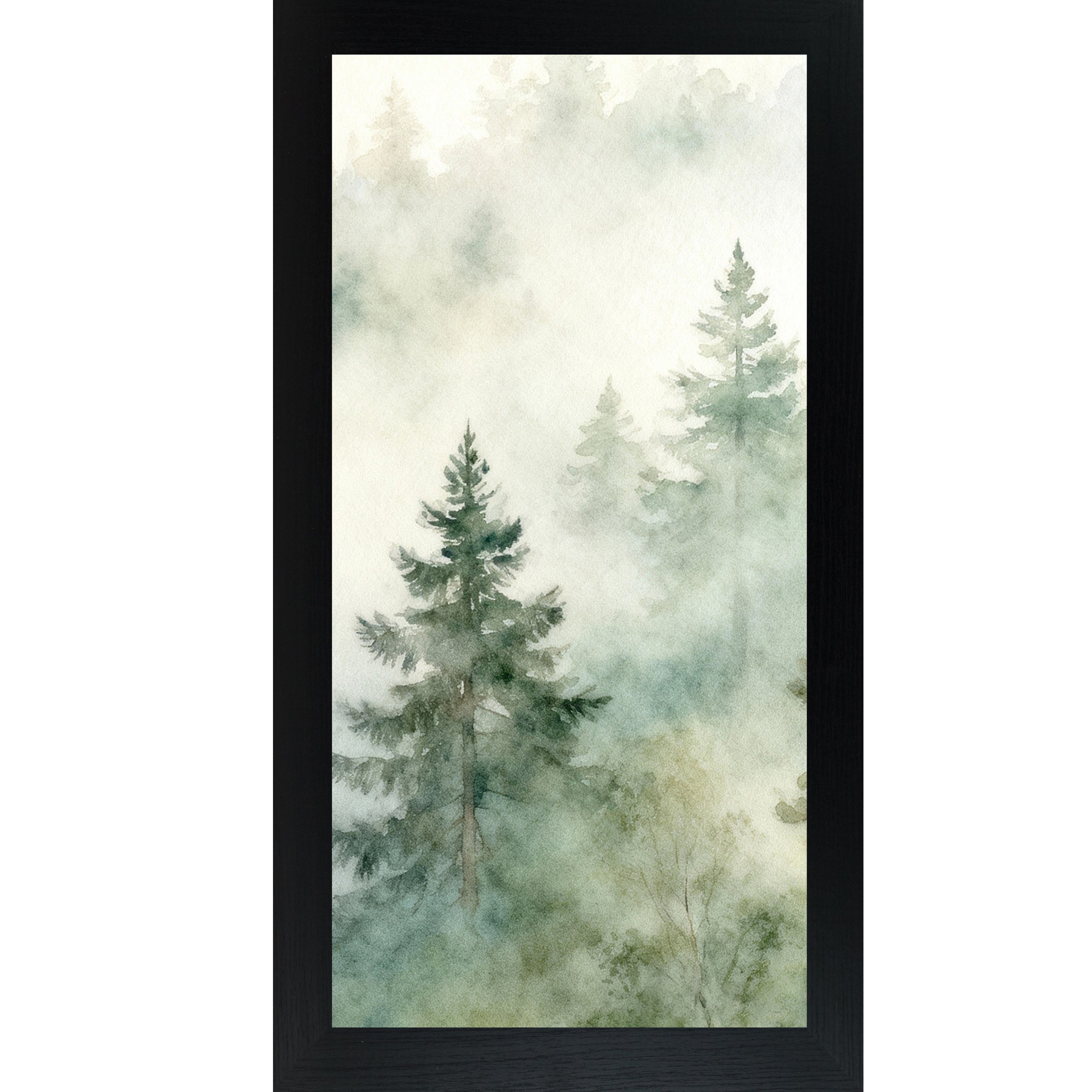 Vertical framed watercolor forest wall art featuring misty evergreen and pine trees with soft fog and layered green tones