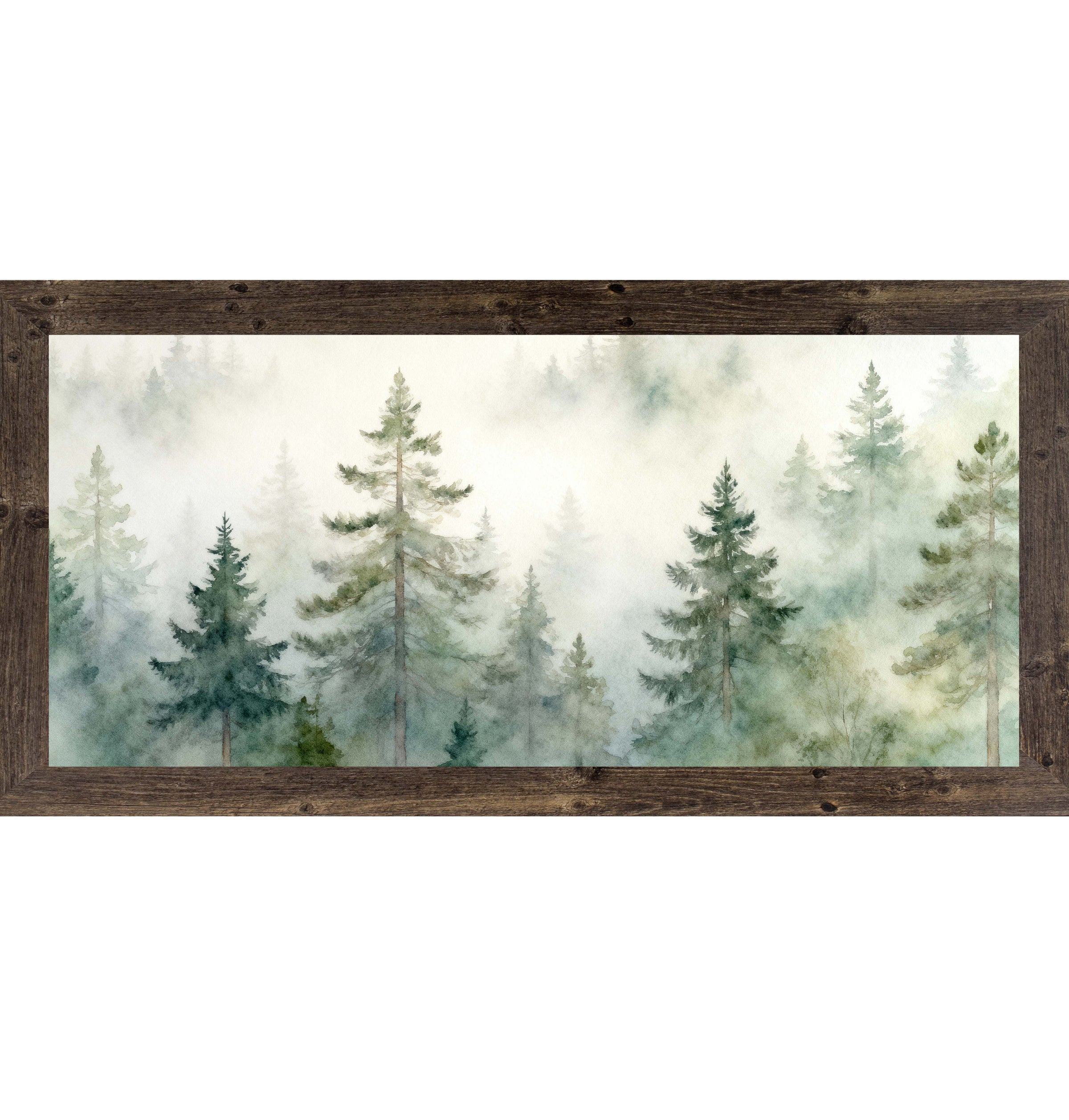 Wide framed watercolor forest wall art featuring misty evergreen and pine trees fading into soft fog and neutral green tones