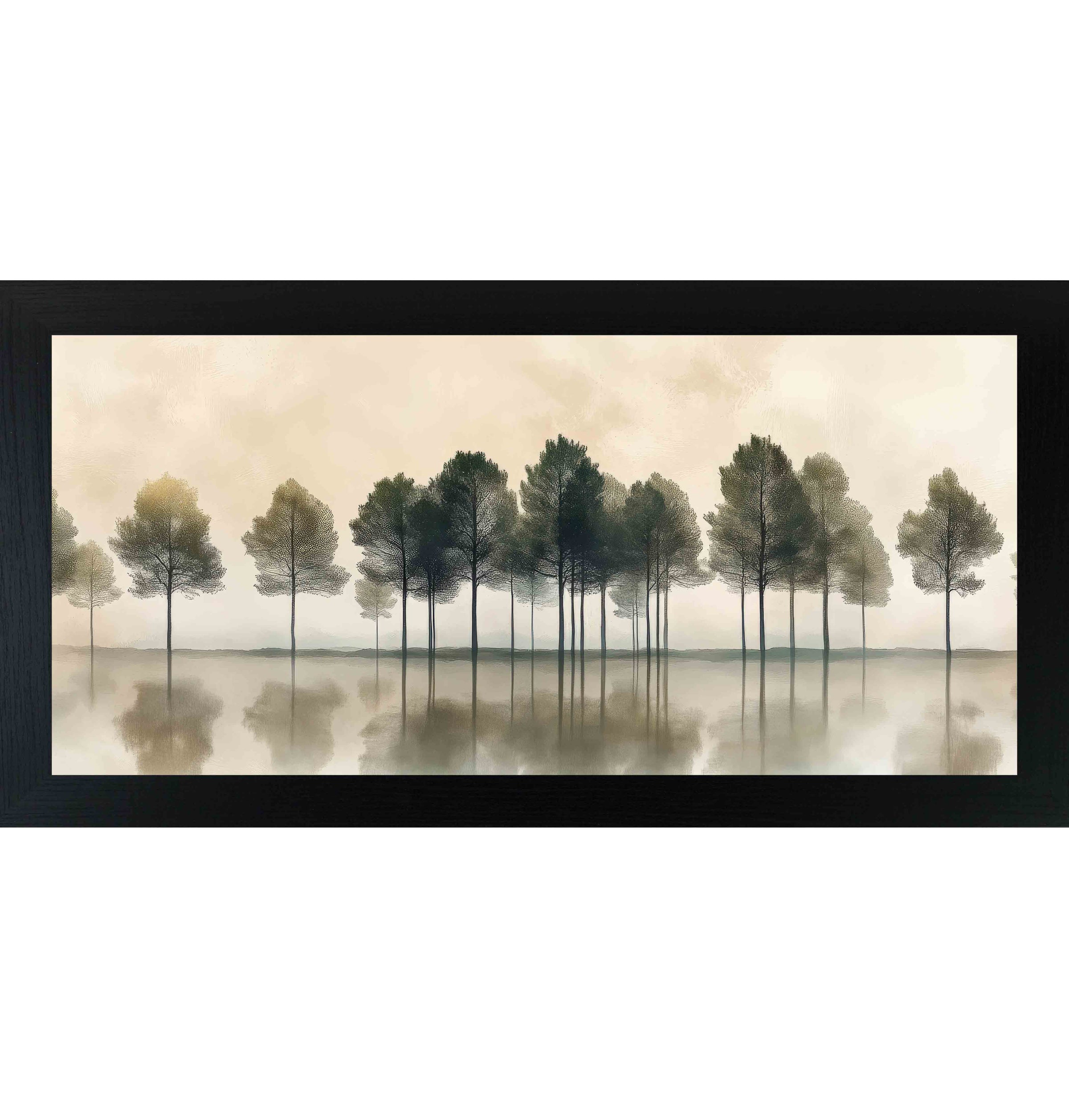Misty watercolor trees reflected in calm water with warm neutral sky, peaceful nature wall art with soft reflections
