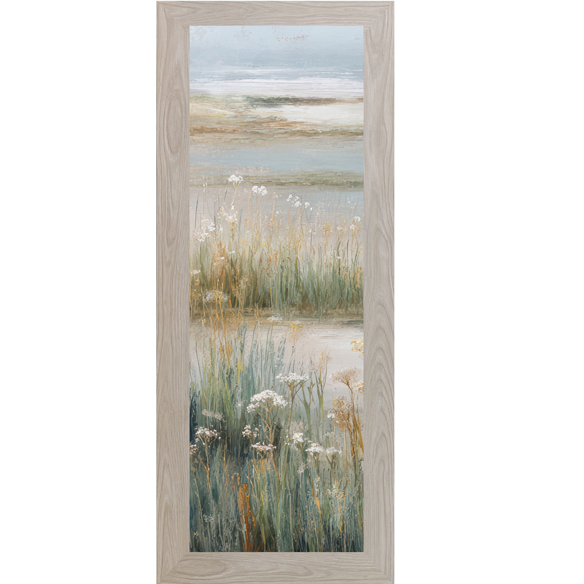 Monte Carlo framed narrow portrait coastal marsh wall art with dense teal marsh grasses white Queen Anne's Lace wildflowers and misty tidal flat — left panel of coastal triptych