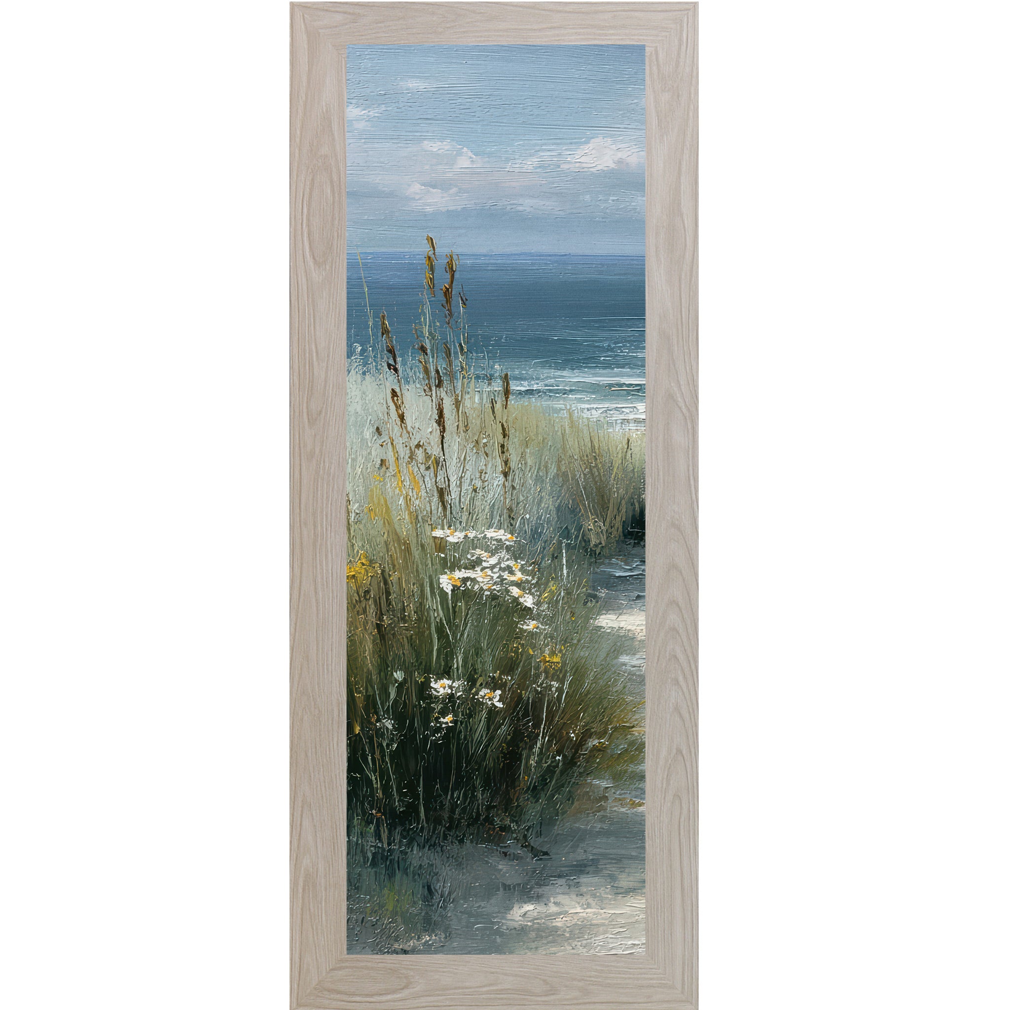 Monte Carlo framed narrow portrait coastal path left panel wall art featuring tall golden cattails and sea grasses with white daisies and yellow wildflowers and deep teal ocean in the distance