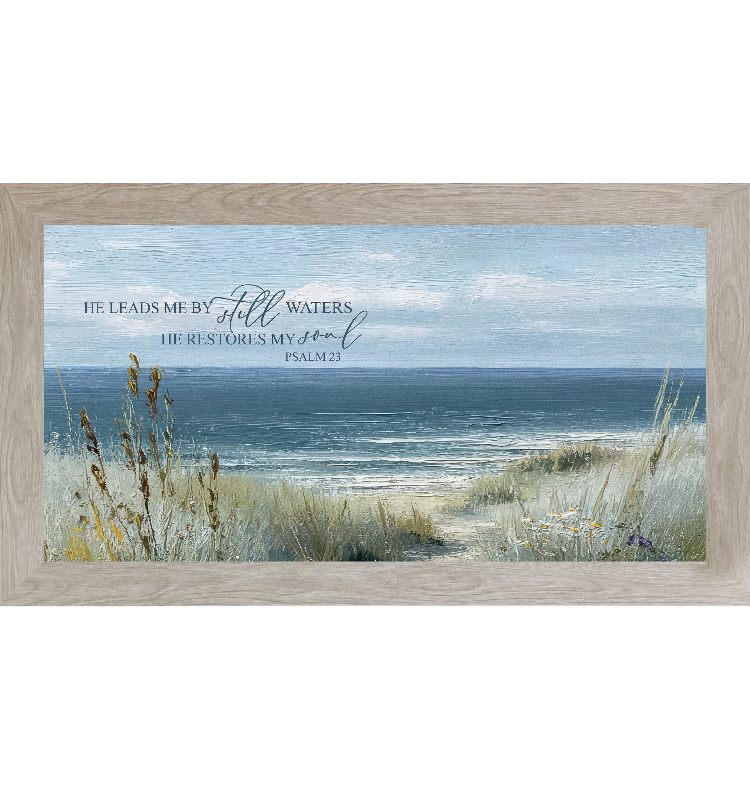 Monte Carlo framed wide landscape Christian coastal wall art featuring a sandy beach path through golden cattails and sea grasses to the teal ocean with the scripture He Leads Me By Still Waters He Restores My Soul Psalm 23