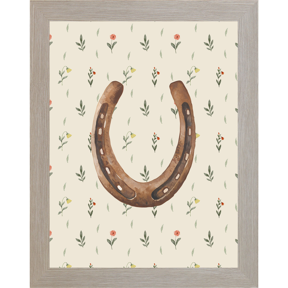 Monte Carlo framed portrait horseshoe wall art with warm brown watercolor horseshoe open end up on soft cream scattered wildflower floral background — western cowgirl good luck decor