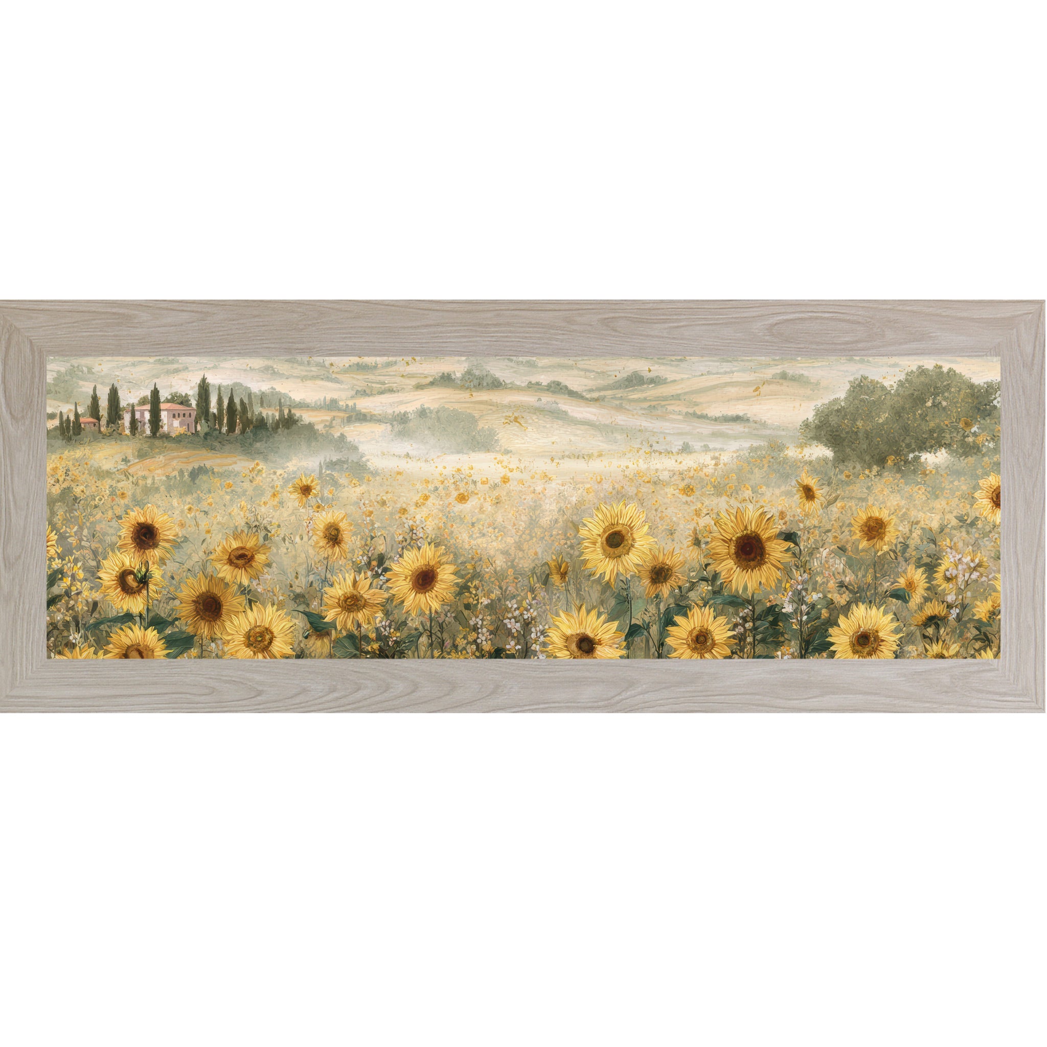 Monte Carlo framed wide landscape Tuscan sunflower wall art featuring golden sunflowers in the foreground with rolling Italian hills, cypress trees, a terracotta villa, and soft misty countryside in the distance