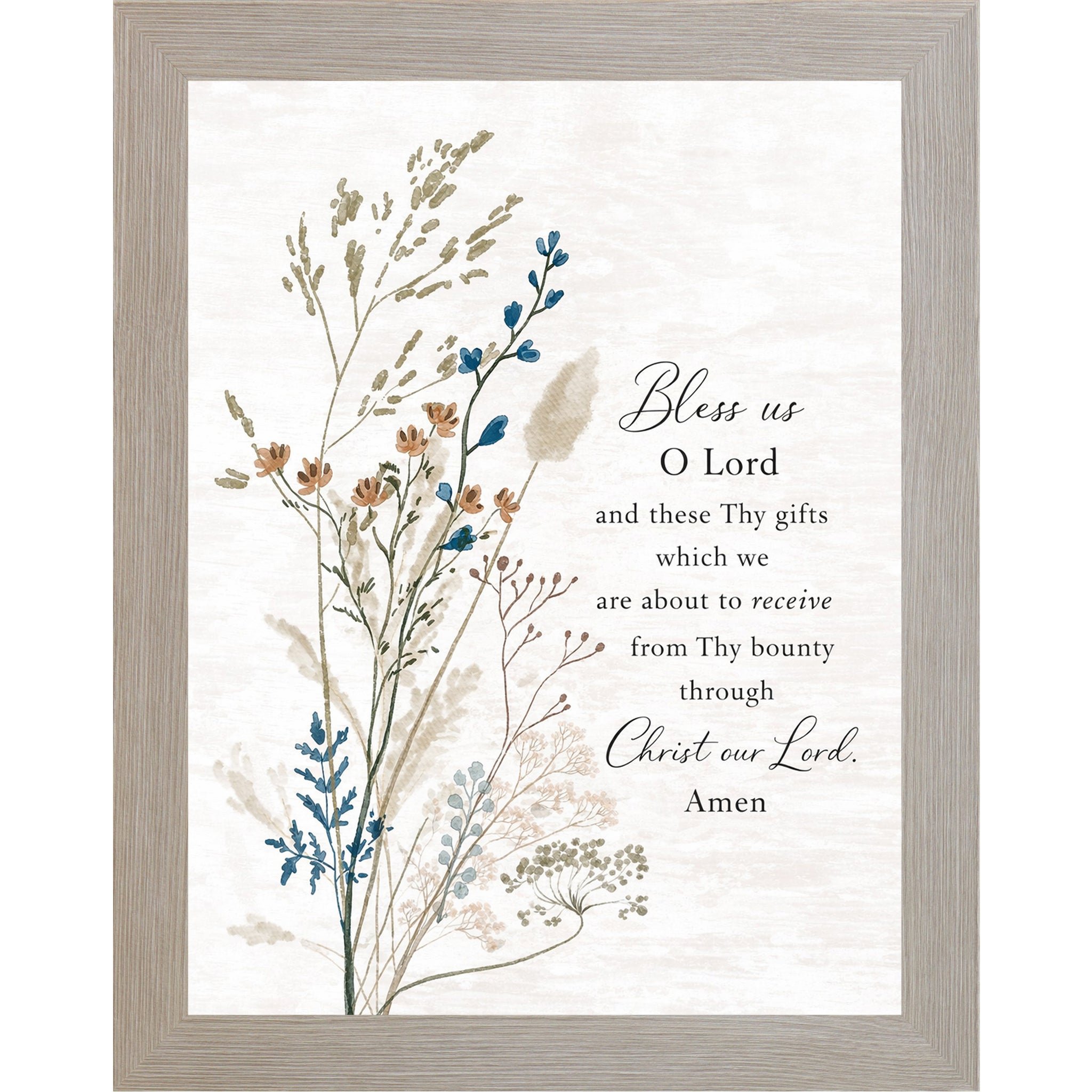 Monte Carlo framed portrait Catholic prayer wall art with elegant wildflower botanicals on cream background and the words "Bless Us O Lord and These Thy Gifts Through Christ Our Lord Amen"