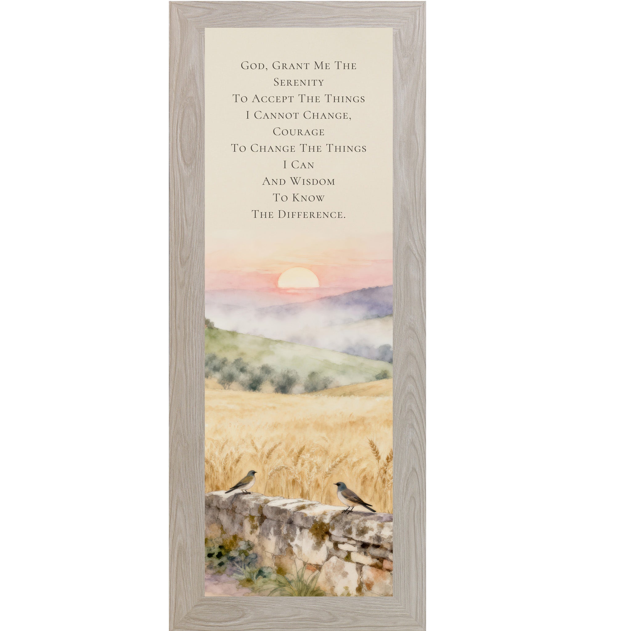 Monte Carlo framed narrow portrait Serenity Prayer wall art with Tuscan sunrise watercolor landscape two bluebirds on stone wall and golden wheat fields — Italian Christian scripture decor
