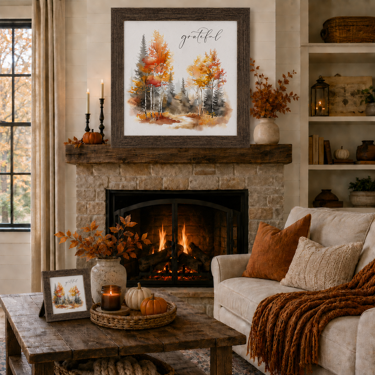Natural brown framed Grateful square fall wall art SN171 displayed large above stone fireplace with roaring fire in cozy farmhouse living room — rust orange throw pillow and chunky knit blanket on sofa pumpkins and candles on coffee table fall branches in crock vase on mantel — watercolor autumn birch pine and deciduous forest in vivid red orange and gold tones