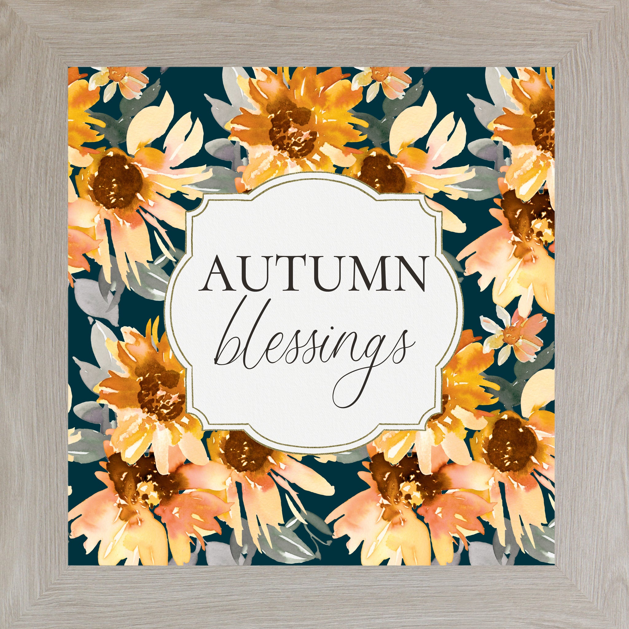 Monte Carlo framed square fall wall art featuring watercolor sunflowers in gold orange and peach on deep navy teal background with the words "Autumn Blessings" — SB307