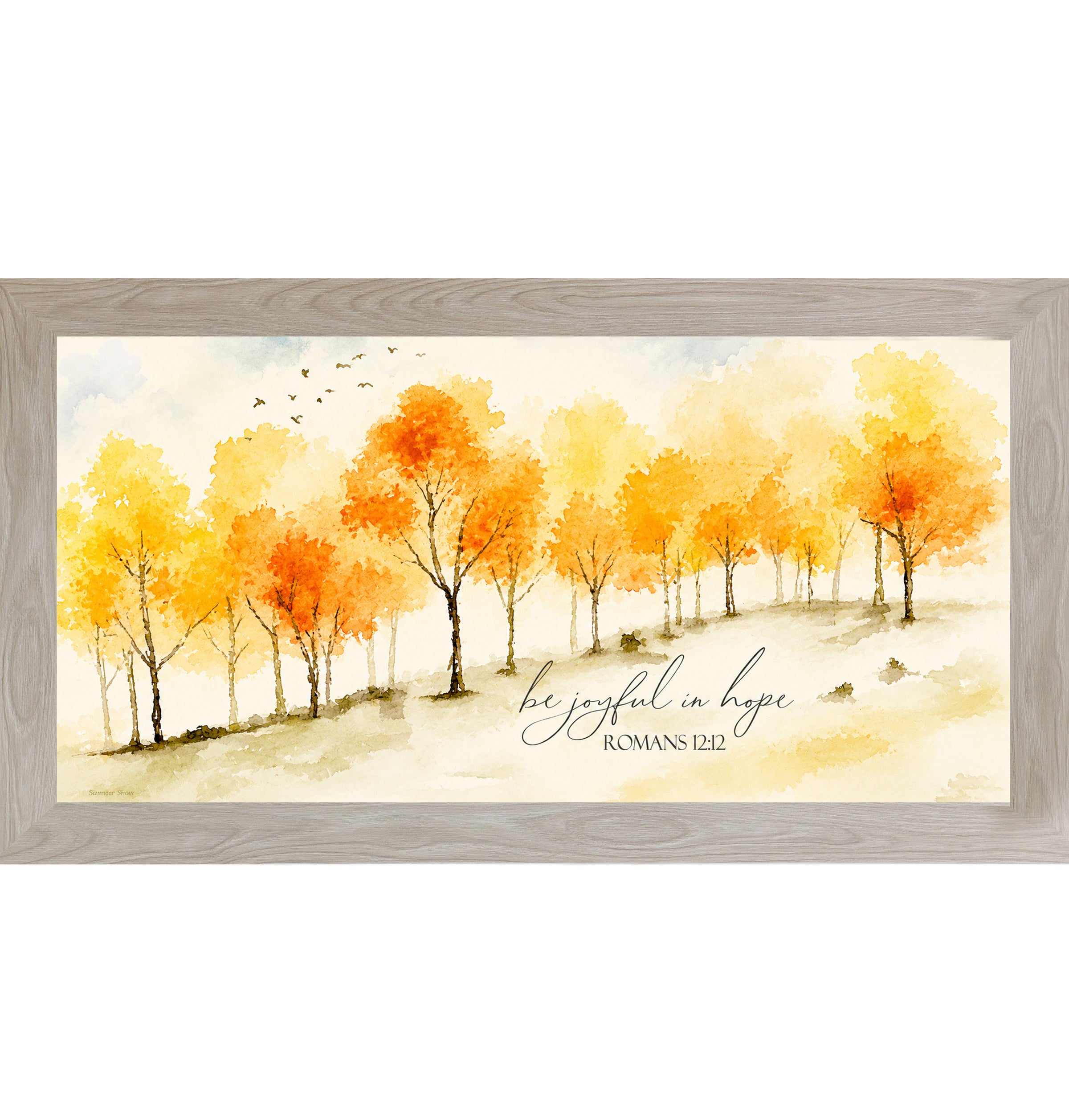 Monte Carlo framed wide landscape Christian scripture wall art featuring watercolor golden orange and yellow autumn trees with birds in flight and the words Be Joyful In Hope Romans 12:12 in elegant script on warm cream background — SN704