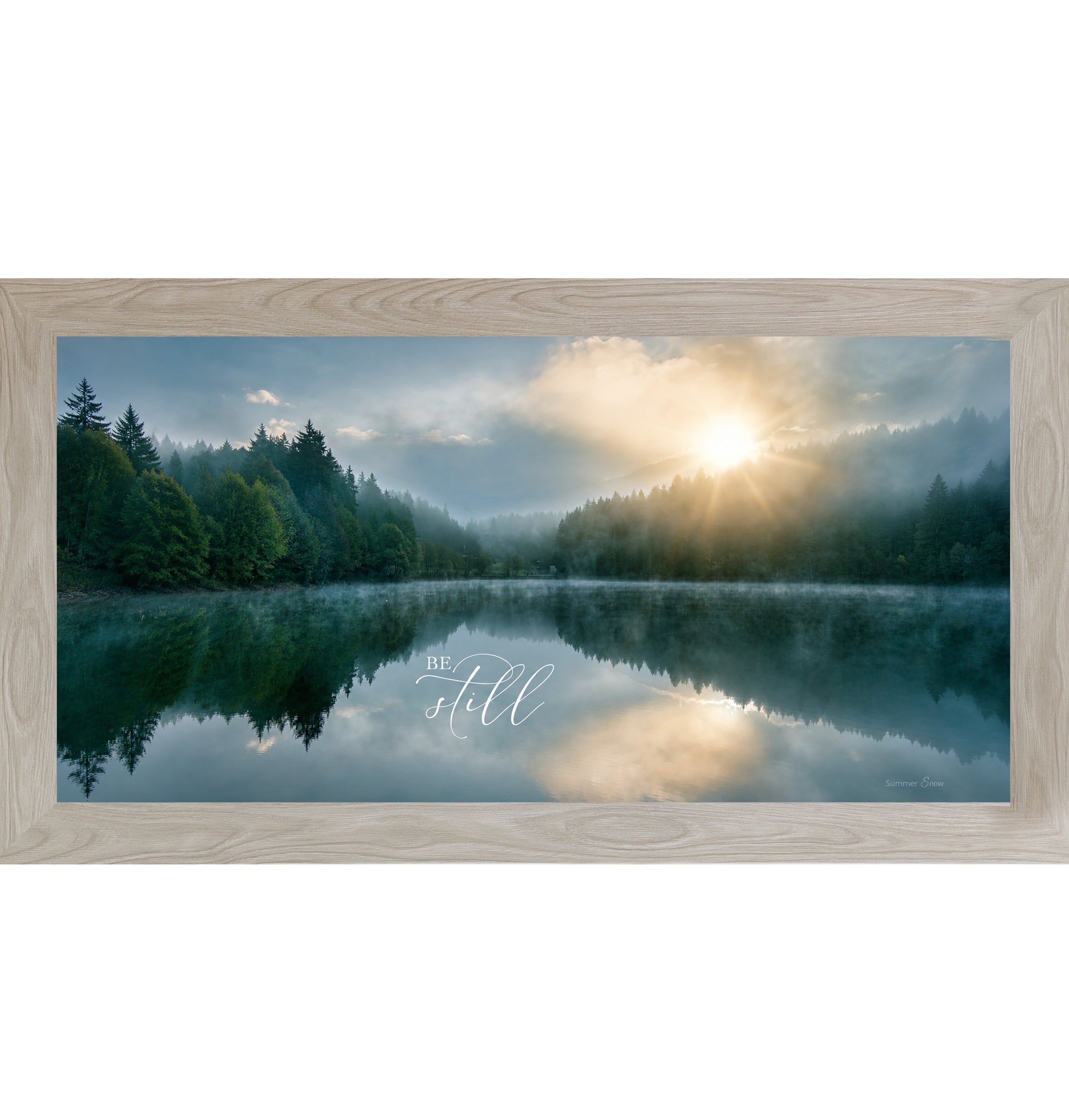 Monte Carlo framed wide landscape Christian scripture wall art featuring misty lake sunrise with pine forest reflection and golden sun with the words Be Still — SB765