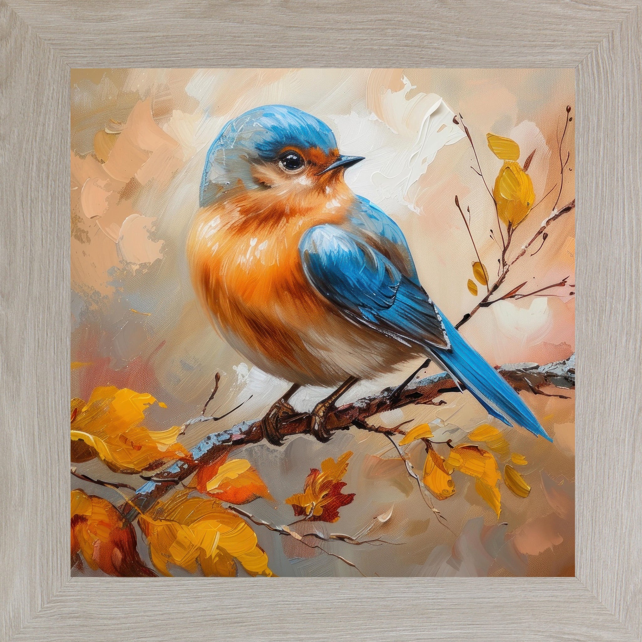Monte Carlo framed square bluebird autumn wall art featuring vivid blue orange and cream bluebird in oil painted impasto style perched on autumn branch with golden amber and rust fall leaves on warm peach background — NS27