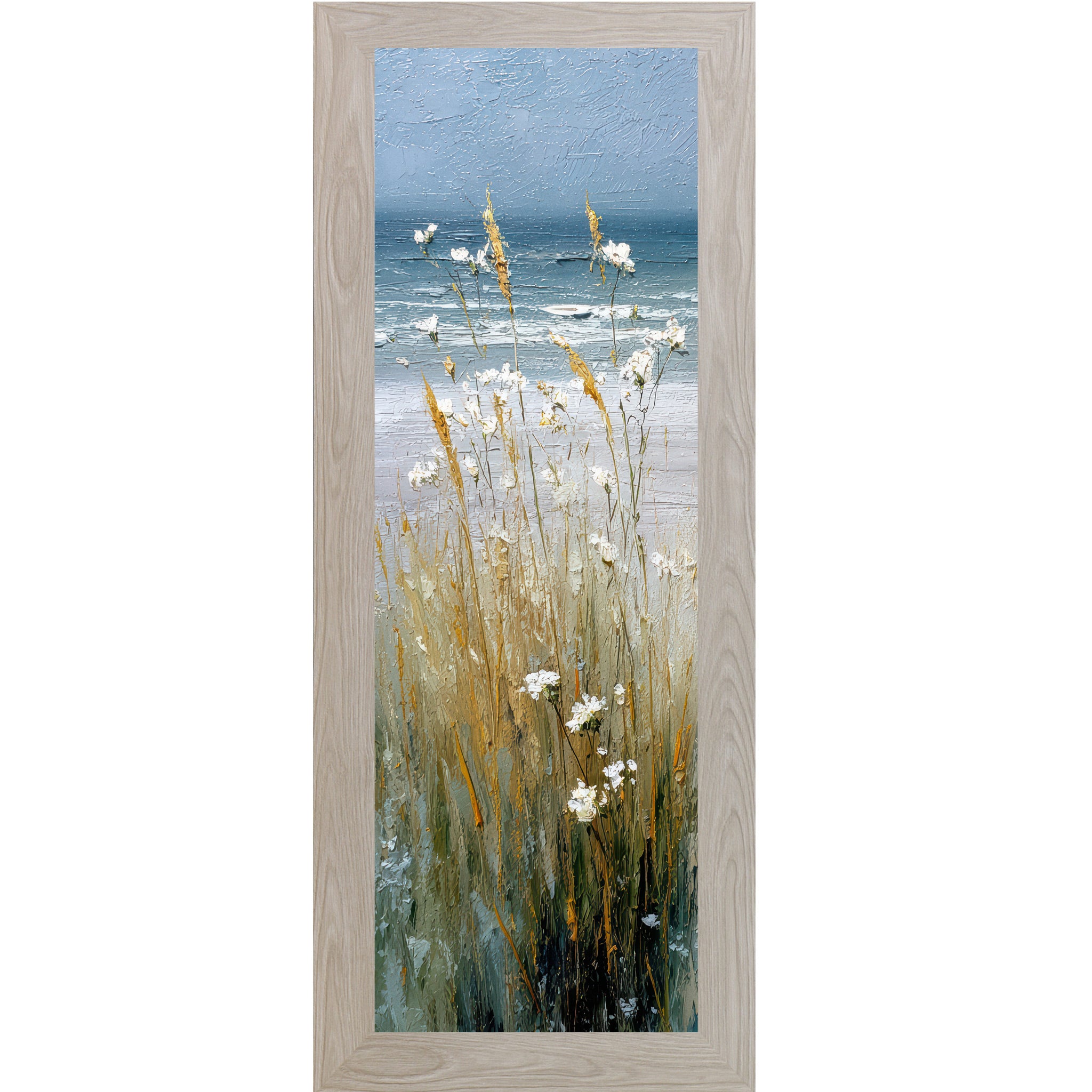 Monte Carlo framed narrow portrait coastal path center panel wall art featuring golden cattails and white wildflowers against a stormy teal ocean and heavy blue gray sky with no path visible