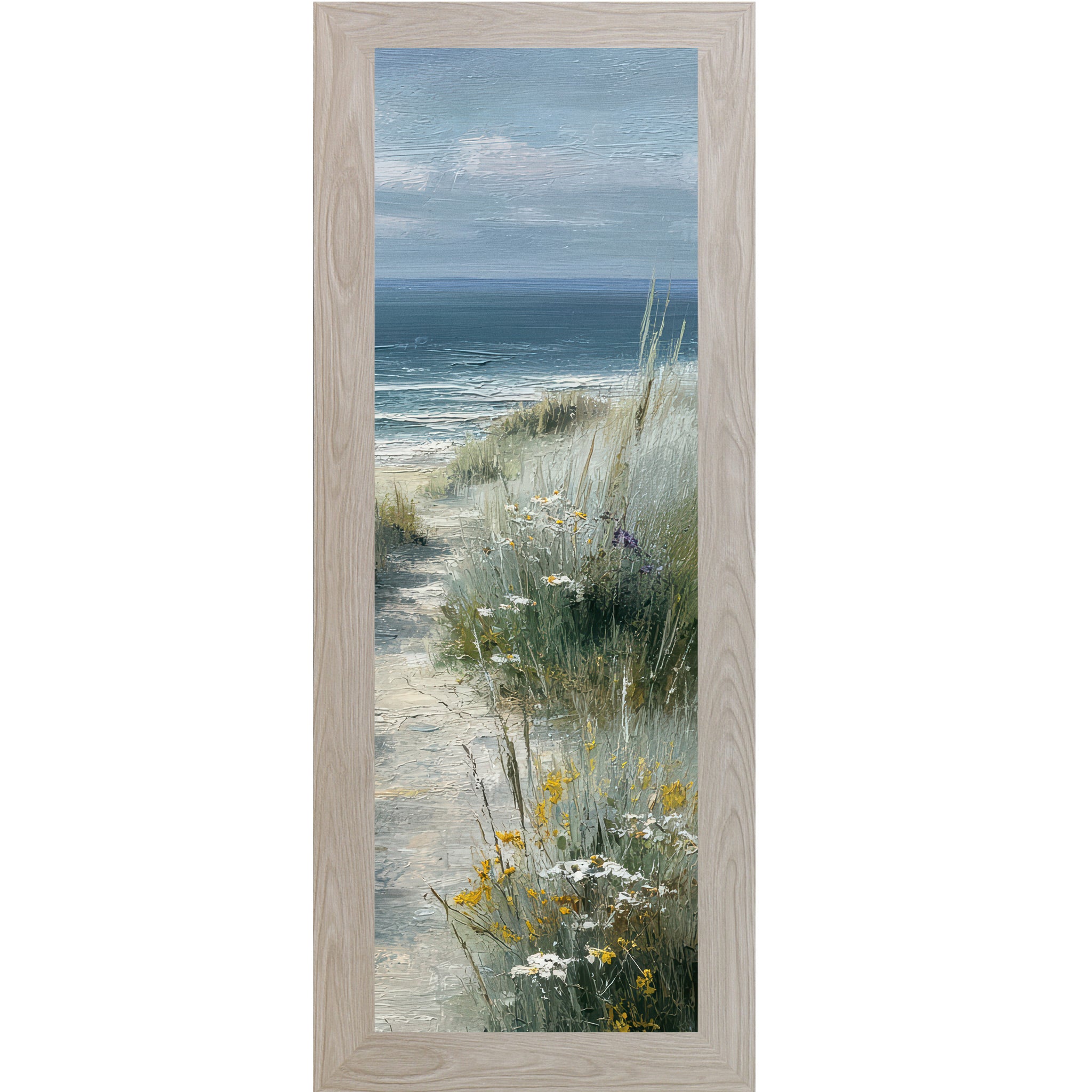 Monte Carlo framed narrow portrait coastal path right panel wall art featuring a sandy beach path curving right through sea grasses with yellow wildflowers and calm teal ocean under a bright sky