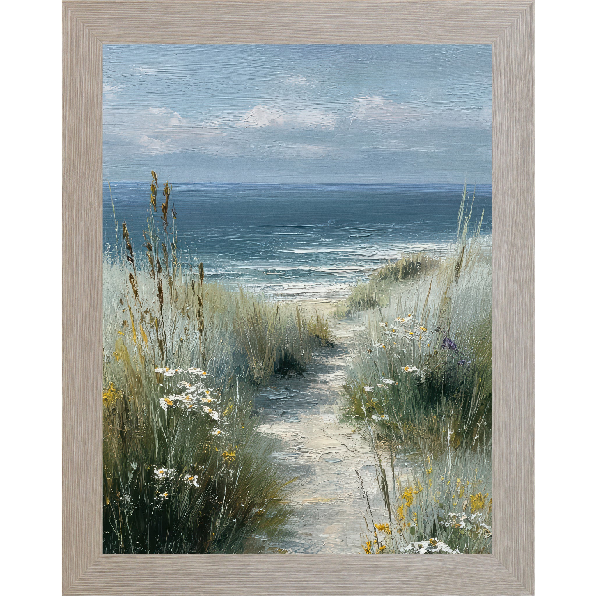 Monte Carlo framed portrait coastal path wall art featuring a sandy beach path winding through tall sea grasses white daisies and yellow wildflowers toward deep teal ocean waves under a pale blue sky