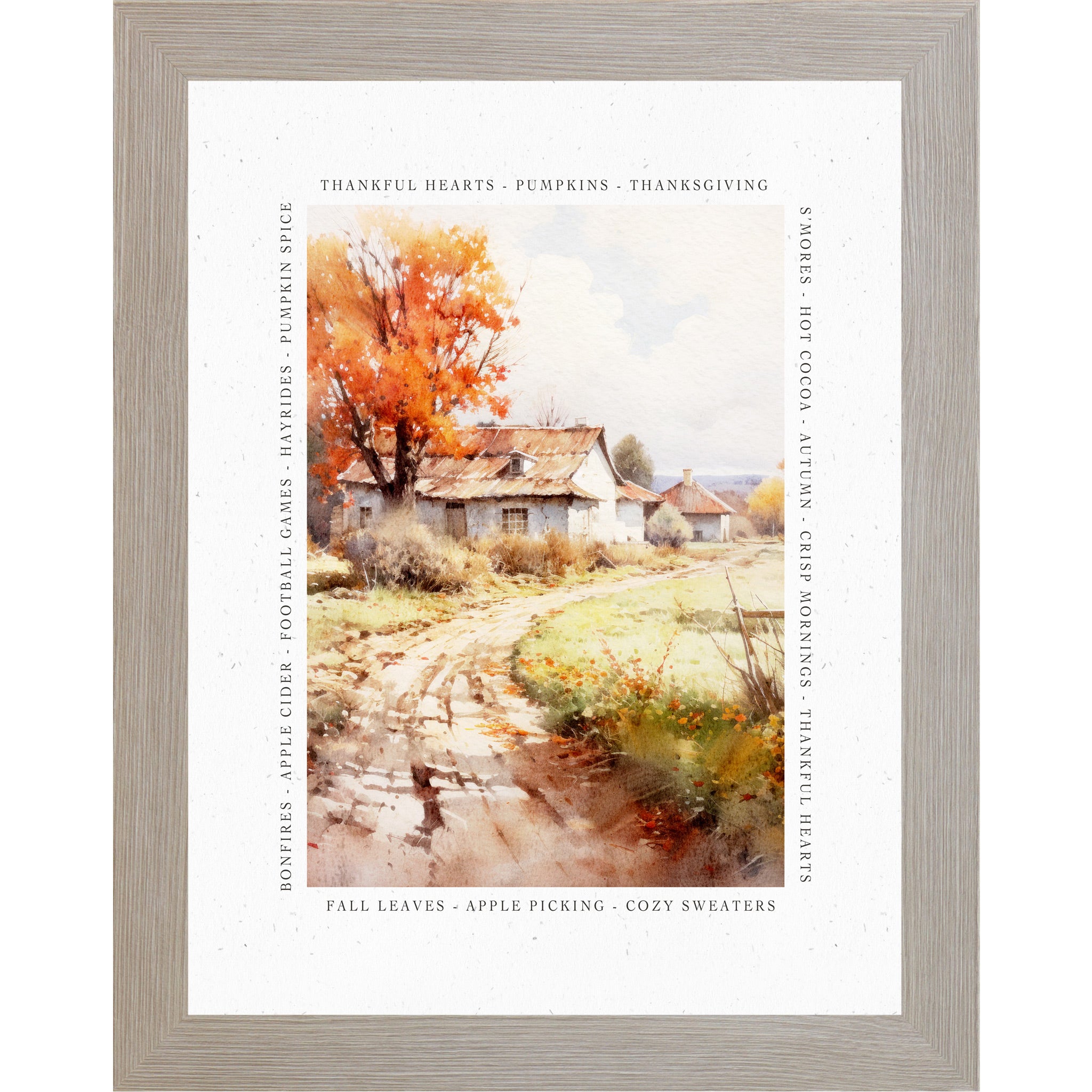 Monte Carlo framed portrait fall farmhouse porch wall art featuring watercolor Adirondack chair pumpkins and lantern surrounded by fall quote border — There Is Always Something To Be Thankful For Crisp Mornings Cozy Sweaters Falling Leaves Good Memories Fall Reminds Us How Beautiful Change Can Be — SN388
