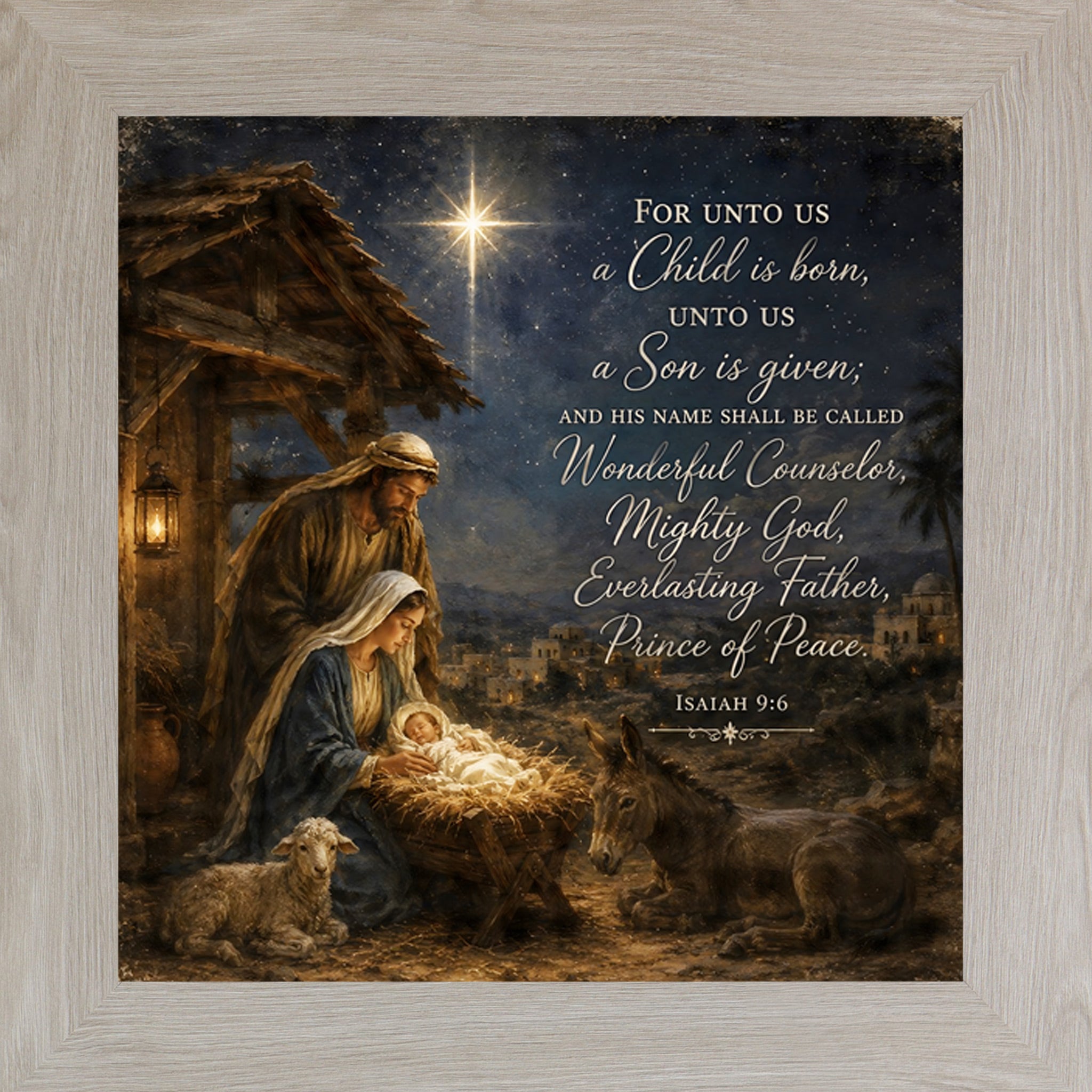 Monte Carlo framed square nativity Christmas wall art featuring Mary and Joseph at the manger under the Star of Bethlehem with Isaiah 9:6 scripture text