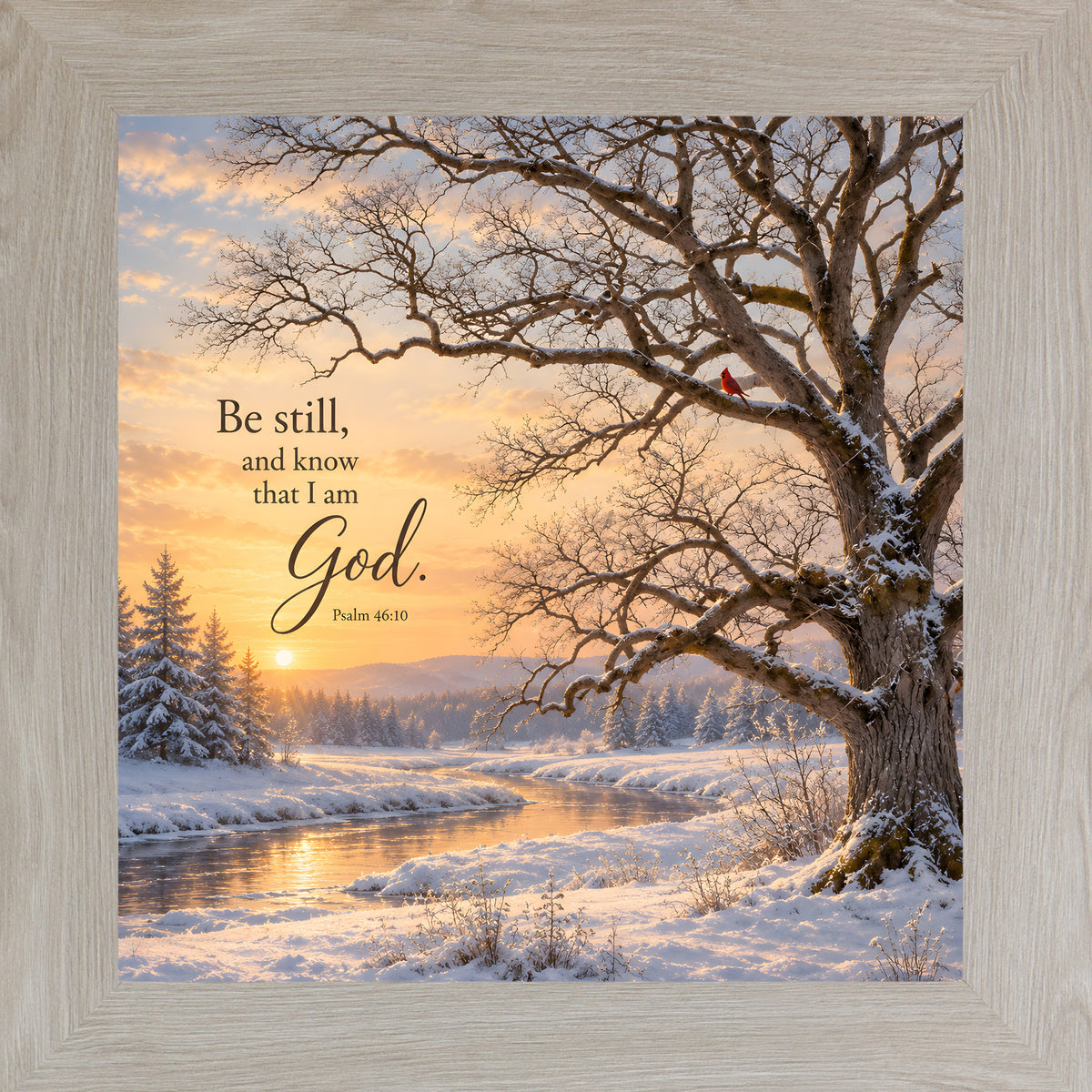 Be Still and Know That I Am God wall art in Monte Carlo frame, winter scripture art