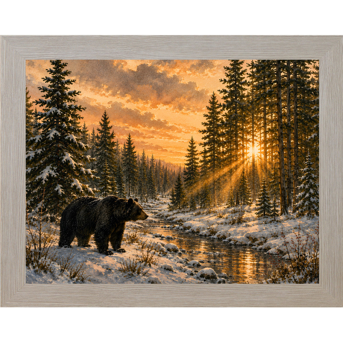 Monte Carlo framed landscape wall art featuring a black bear walking along a sunlit forest creek at golden hour