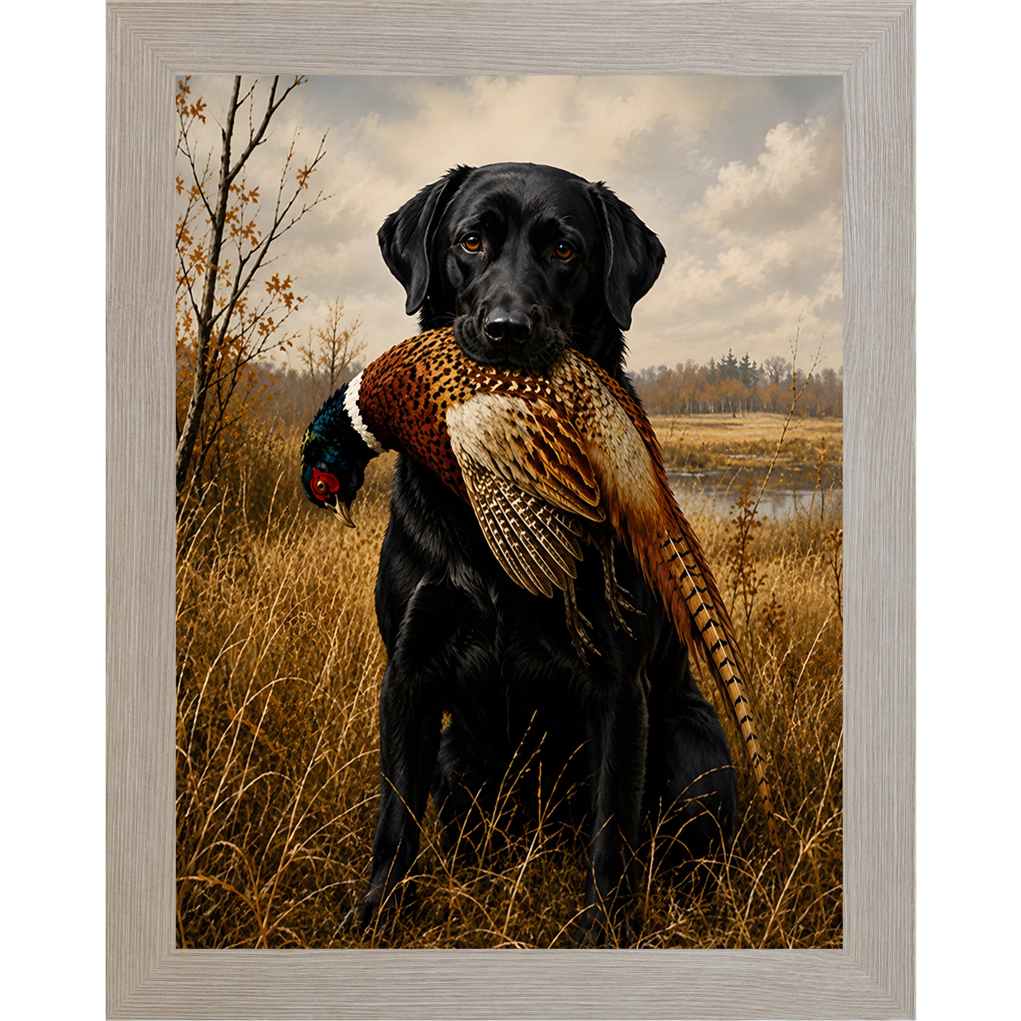 Monte Carlo framed portrait heritage hunting dog wall art featuring a black Labrador holding a pheasant in a golden autumn field