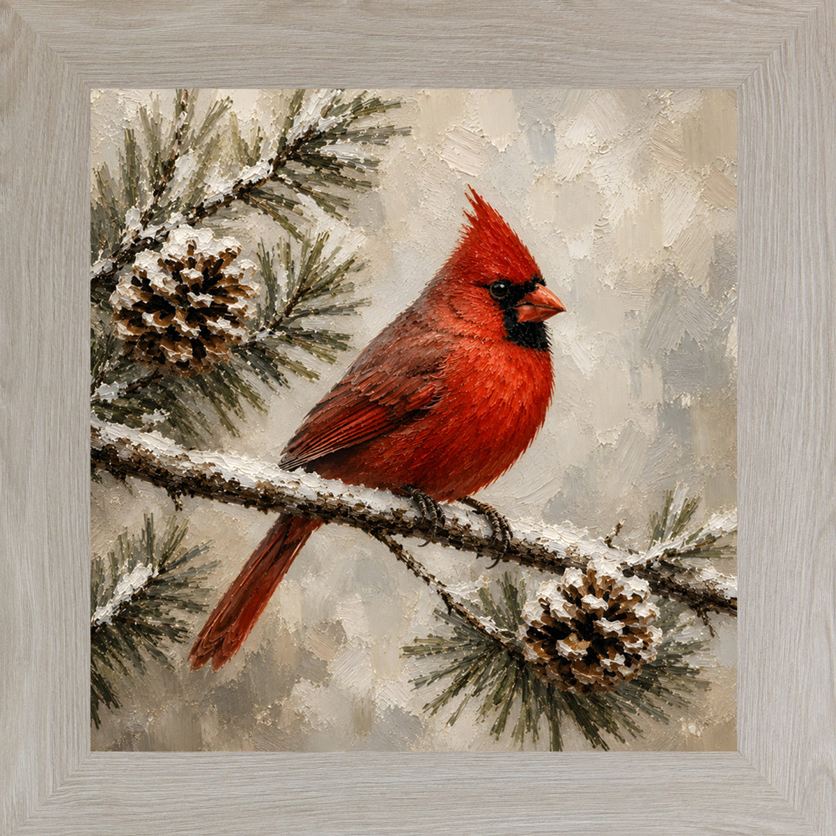 Monte Carlo framed square painted winter wall art featuring a red cardinal perched on a snowy pine branch with pinecones