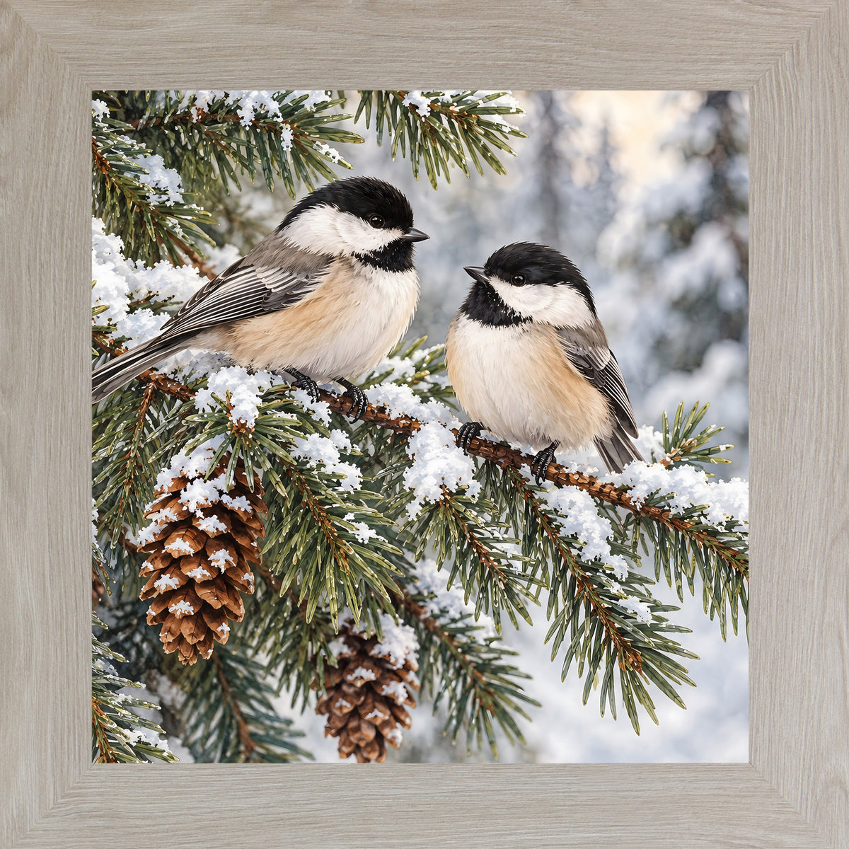 Monte Carlo framed square winter chickadee wall art featuring two black-capped chickadees perched on a snowy pine branch with pinecones