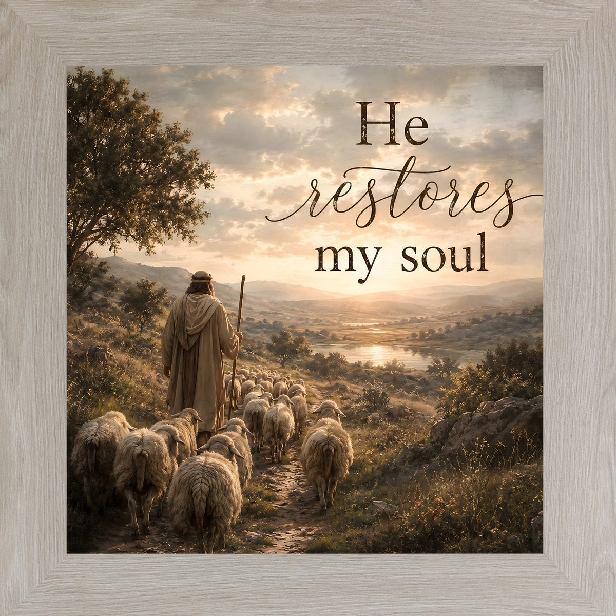 Monte Carlo framed square Christian wall art featuring a shepherd leading a flock of sheep down a golden hillside toward a river valley with the words "He Restores My Soul"
