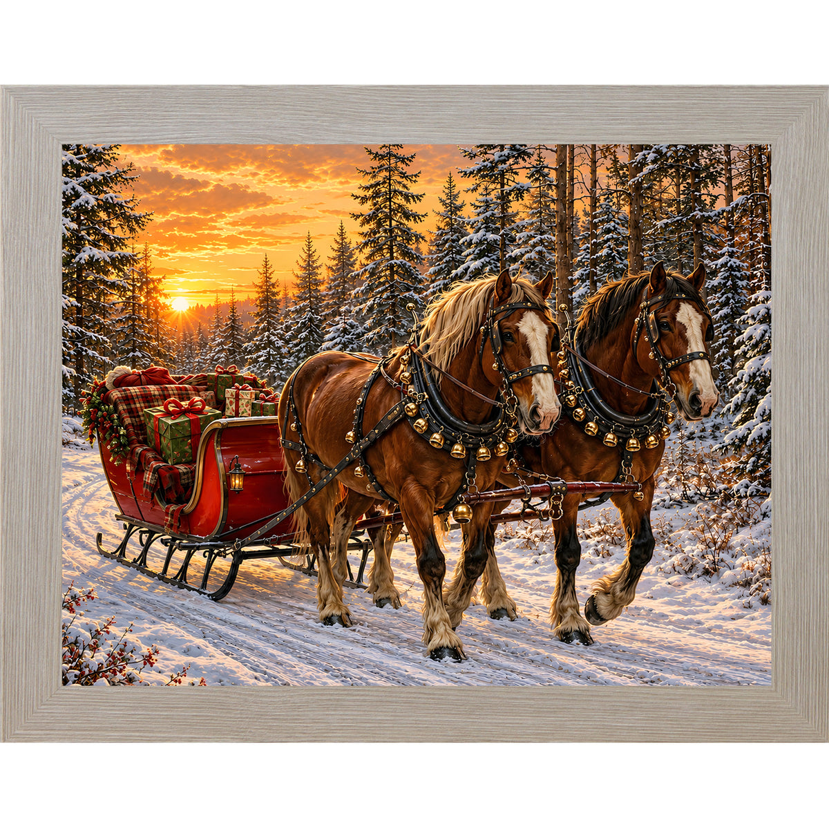 Monte Carlo framed landscape heritage Christmas wall art featuring two bay draft horses pulling a red sleigh piled with presents through a golden sunset forest