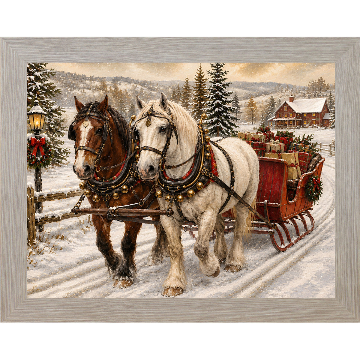 Monte Carlo framed landscape heritage Christmas wall art featuring two draft horses pulling a red sleigh piled with presents through a snowy country lane