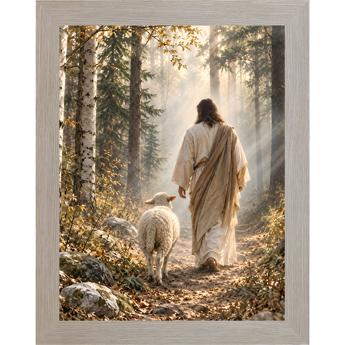 Monte Carlo framed portrait Christian wall art featuring Jesus walking a golden-lit forest path from behind with a white sheep at his side