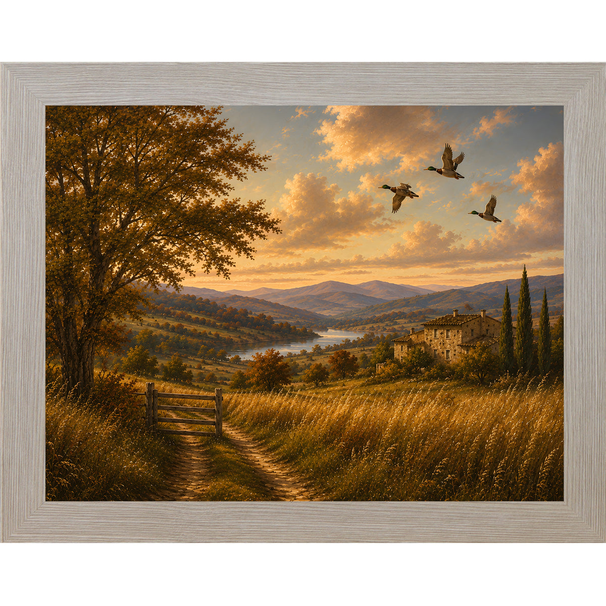 Monte Carlo framed landscape vintage sporting wall art featuring mallards flying over a golden river valley with a distant countryside villa