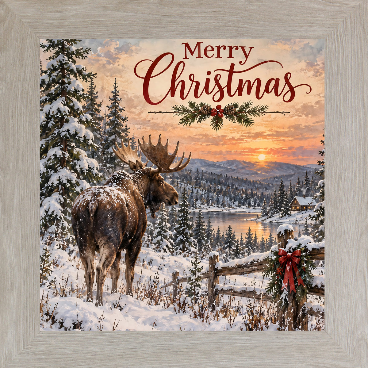 Monte Carlo framed square Christmas wall art featuring a moose beside a frozen lake at sunset with the words "Merry Christmas"