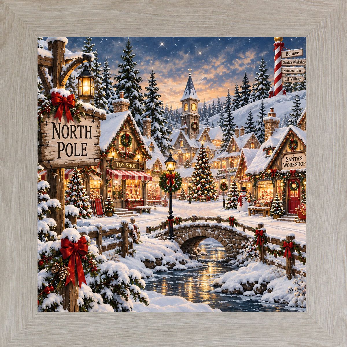 Monte Carlo framed square North Pole village Christmas wall art with snow-covered shops, a clock tower, and a stone bridge at twilight