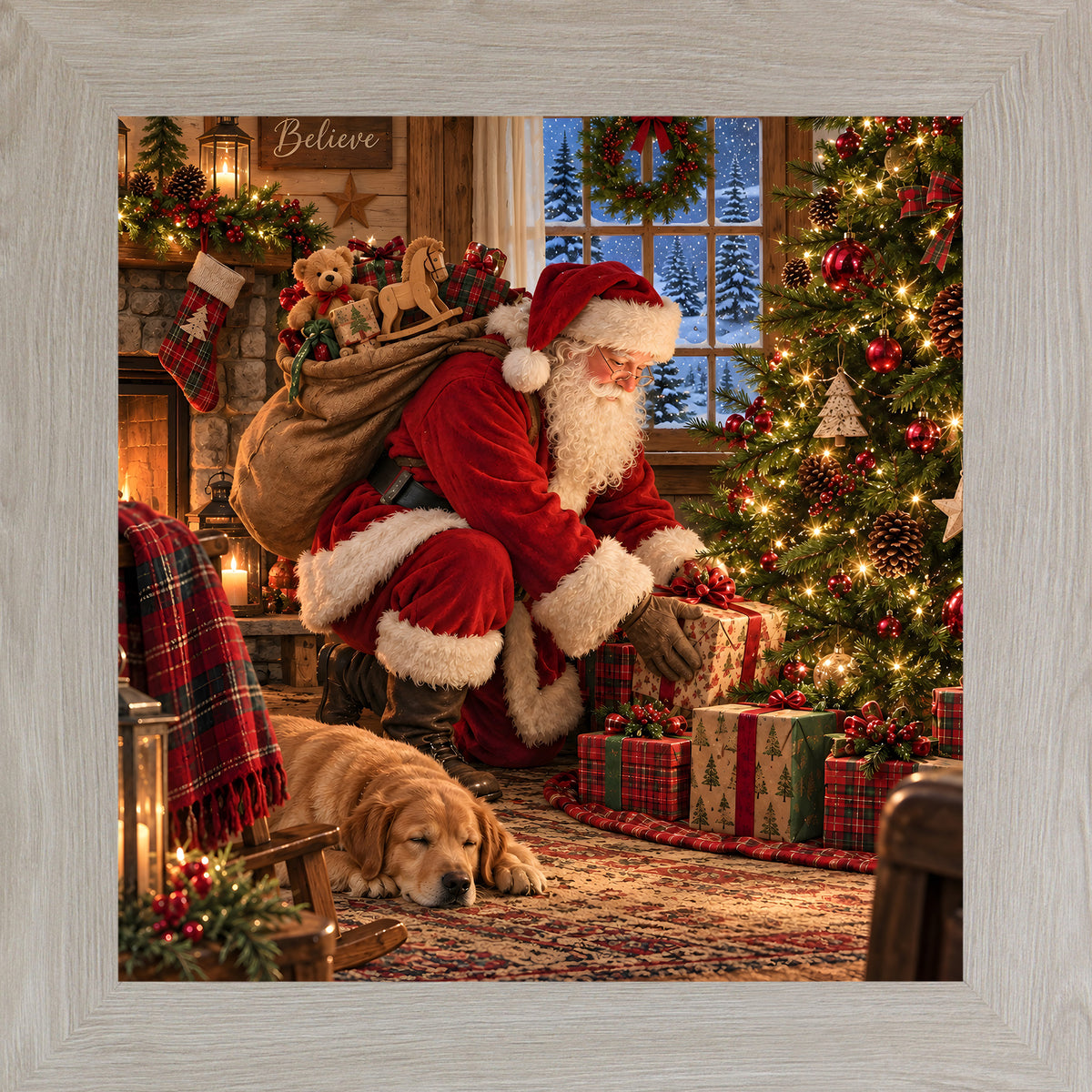 Monte Carlo framed square Santa Claus Christmas wall art featuring Santa delivering presents beside a tree with a sleeping golden retriever puppy