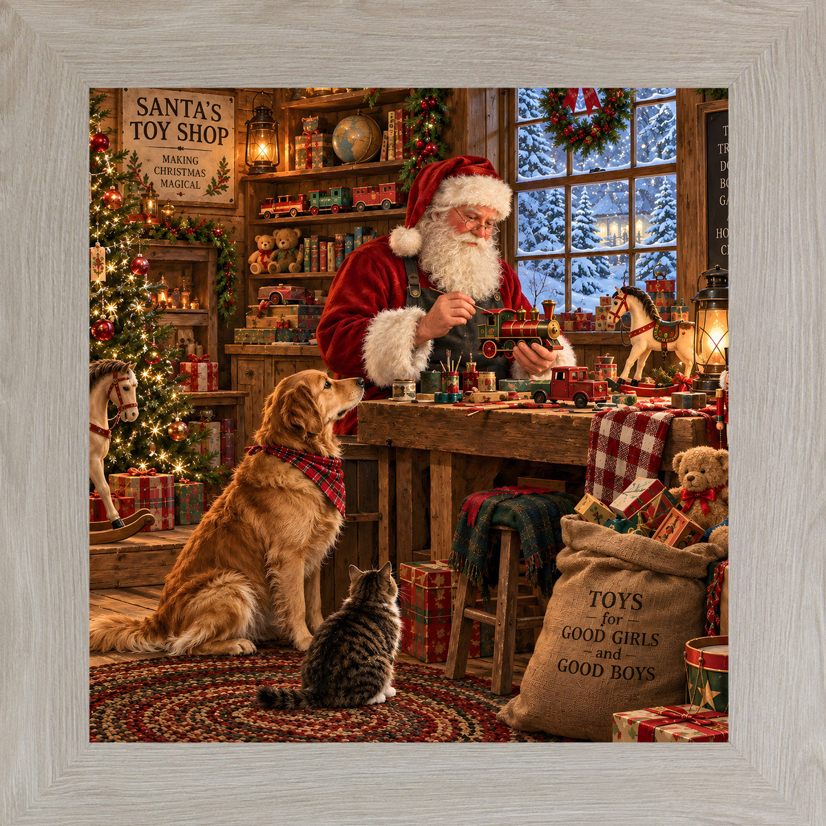 Monte Carlo framed square Santa's toy shop Christmas wall art featuring Santa building toys with a golden retriever and cat watching