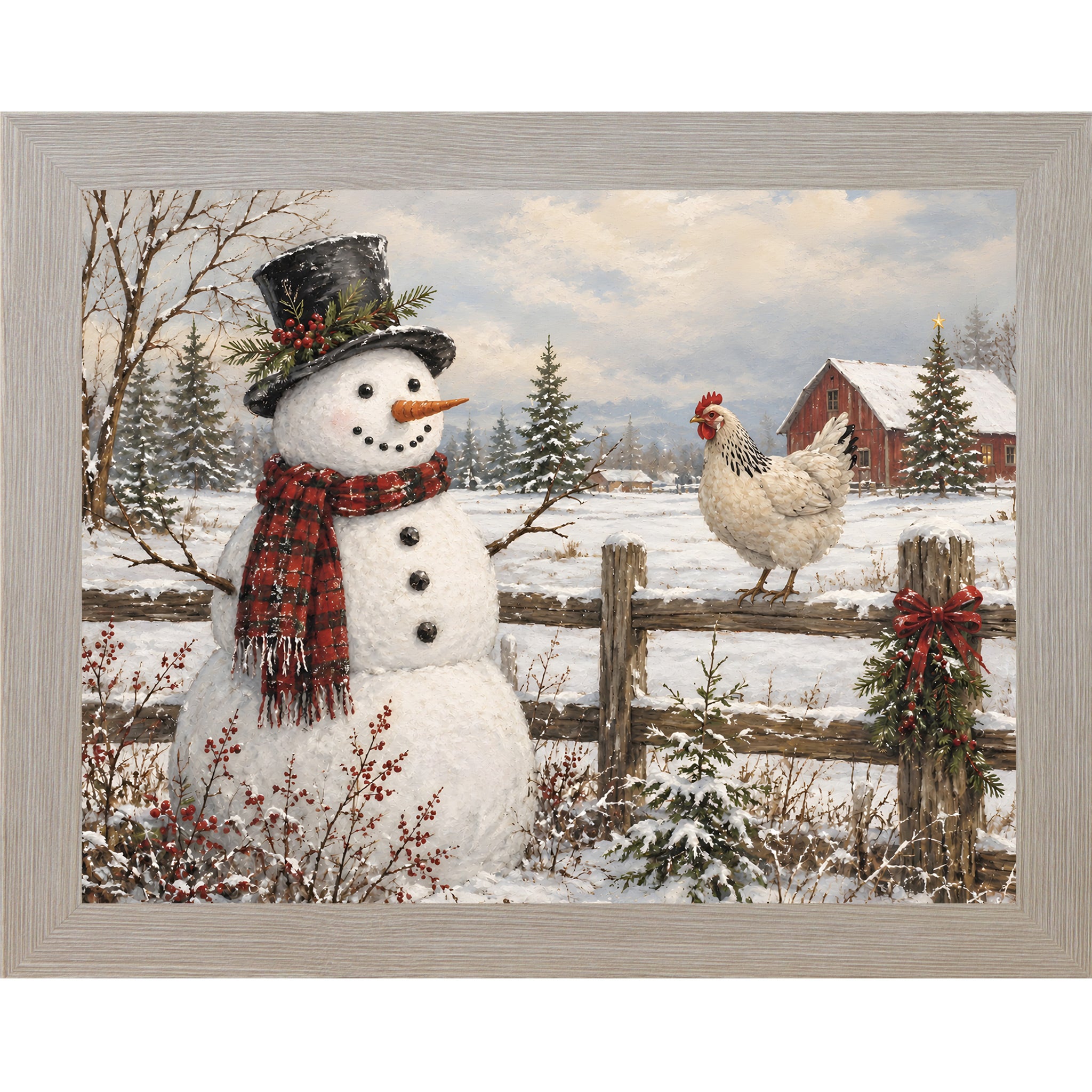 Monte Carlo framed landscape rural winter wall art featuring a snowman in a top hat and a hen perched on a fence in front of a red barn
