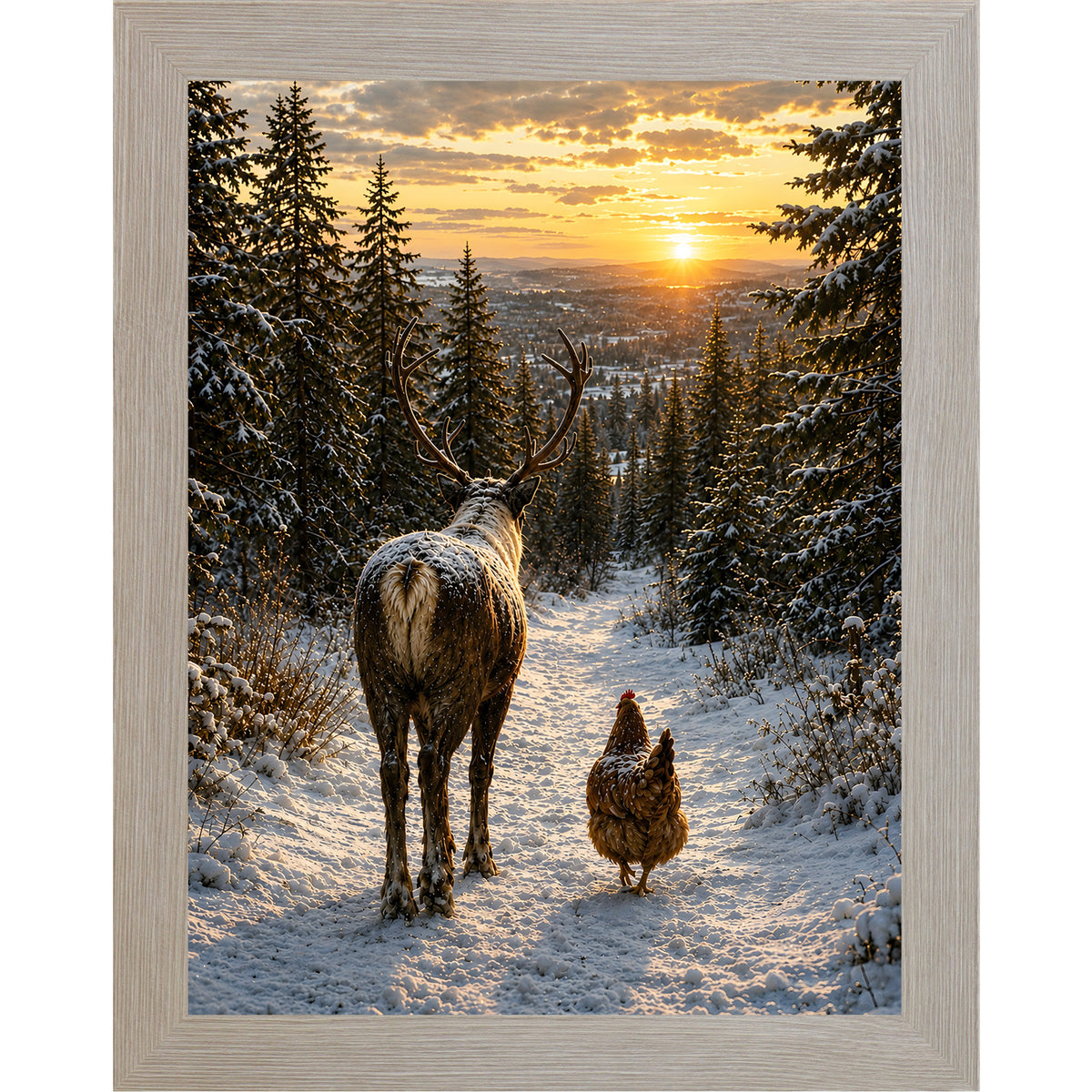 Monte Carlo framed portrait winter wall art featuring a stag and a hen walking down a snowy forest path at golden sunset