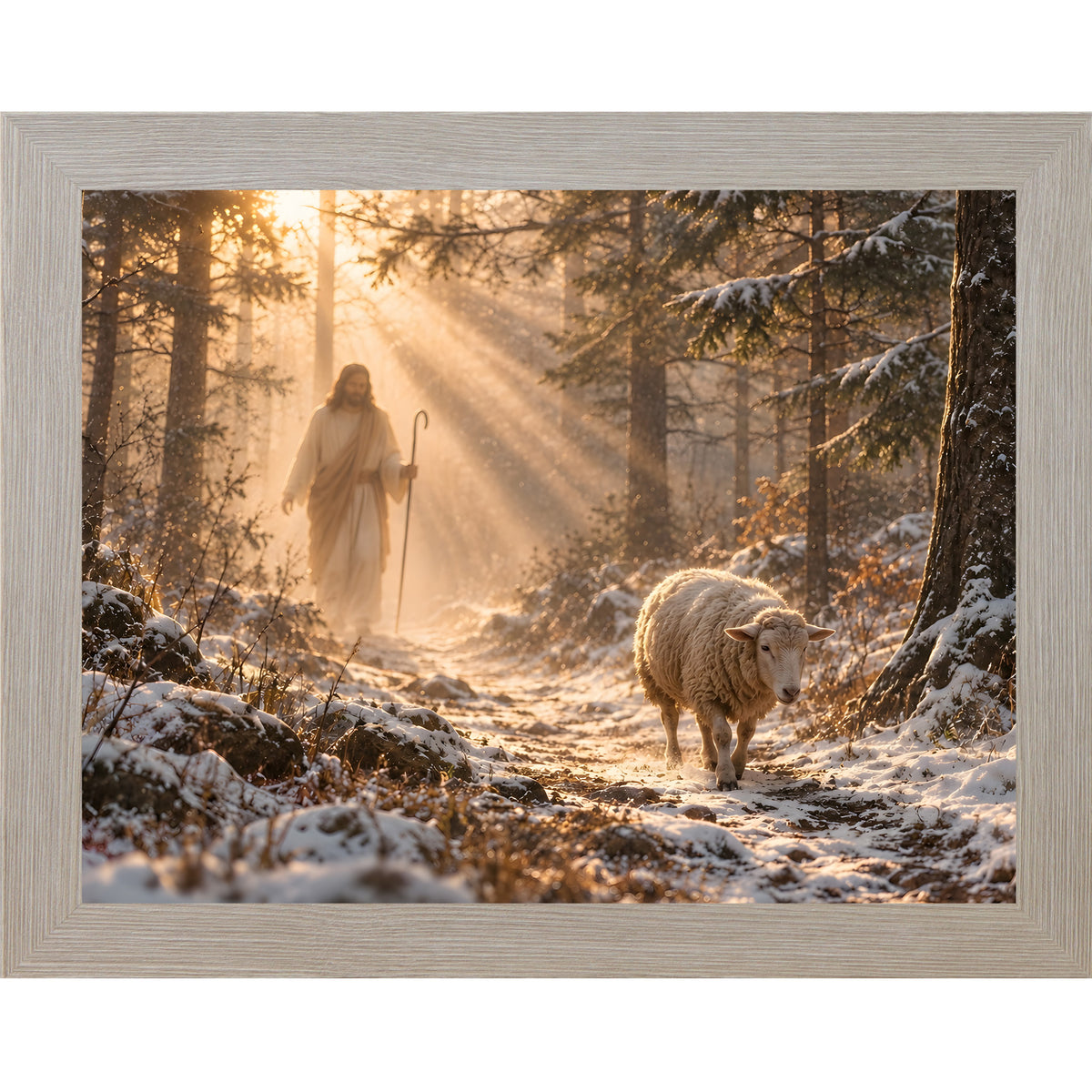 Monte Carlo framed landscape Christian wall art featuring Christ walking a snow-covered forest path with a sheep following behind