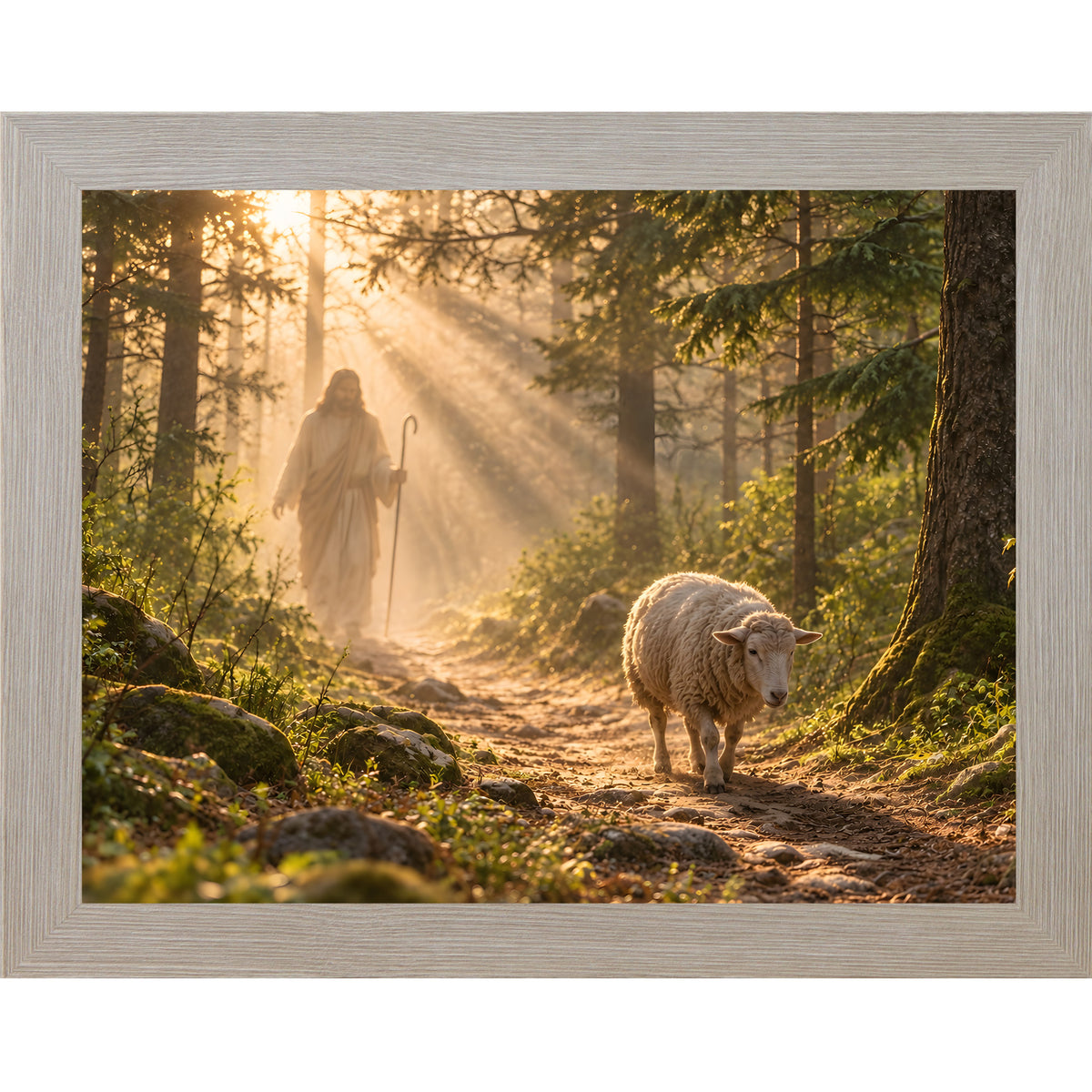 Monte Carlo framed landscape Christian wall art featuring Christ walking a sunlit forest path with a sheep following behind