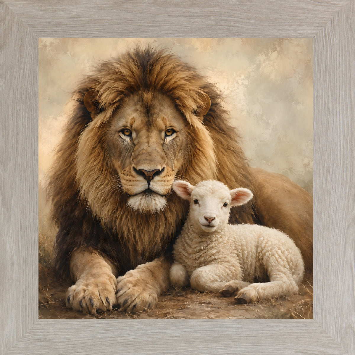 Monte Carlo framed square Christian wall art featuring a majestic lion resting protectively beside a peaceful lamb