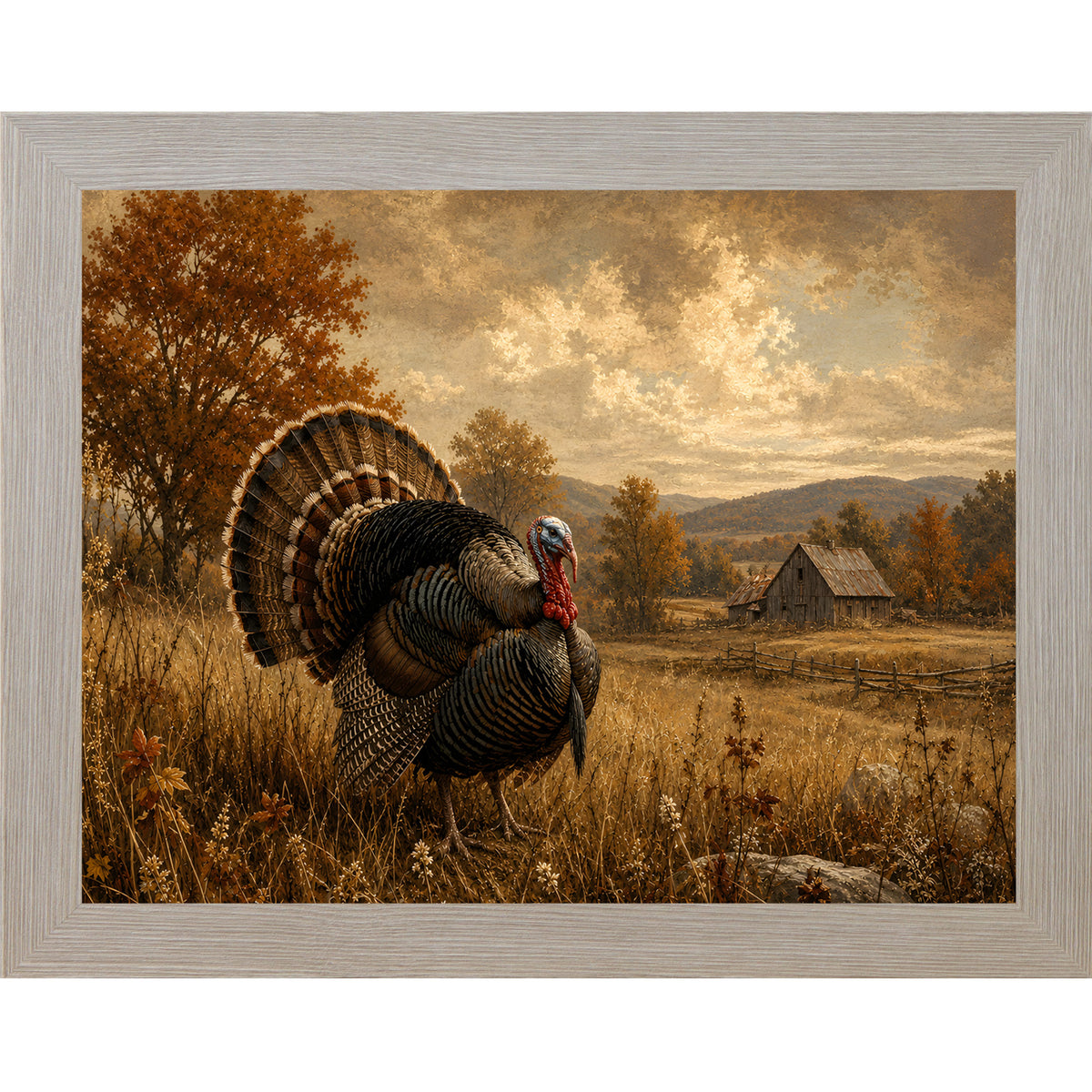 Monte Carlo framed landscape vintage sporting wall art featuring a wild turkey in full fan display standing in a golden autumn field with a barn in the distance