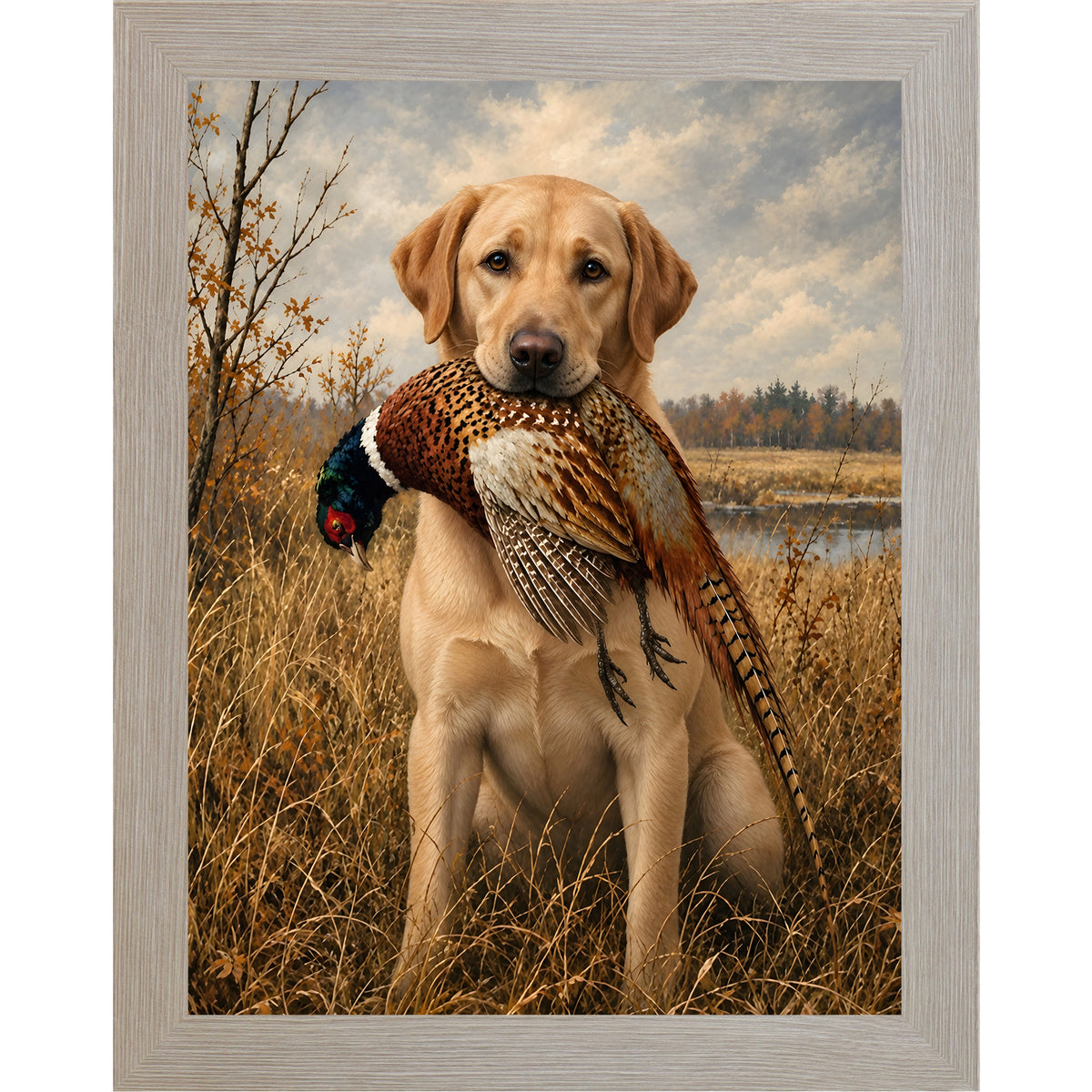 Monte Carlo framed portrait heritage hunting dog wall art featuring a yellow Labrador holding a pheasant in a golden autumn field