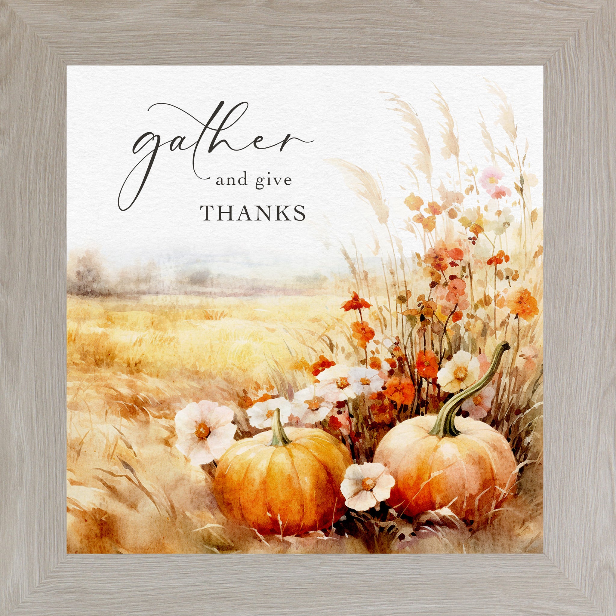 Monte Carlo framed square fall harvest wall art featuring watercolor orange pumpkins white wildflowers pampas grass and golden wheat field with the words Gather and Give Thanks in elegant script typography on soft background — SN172